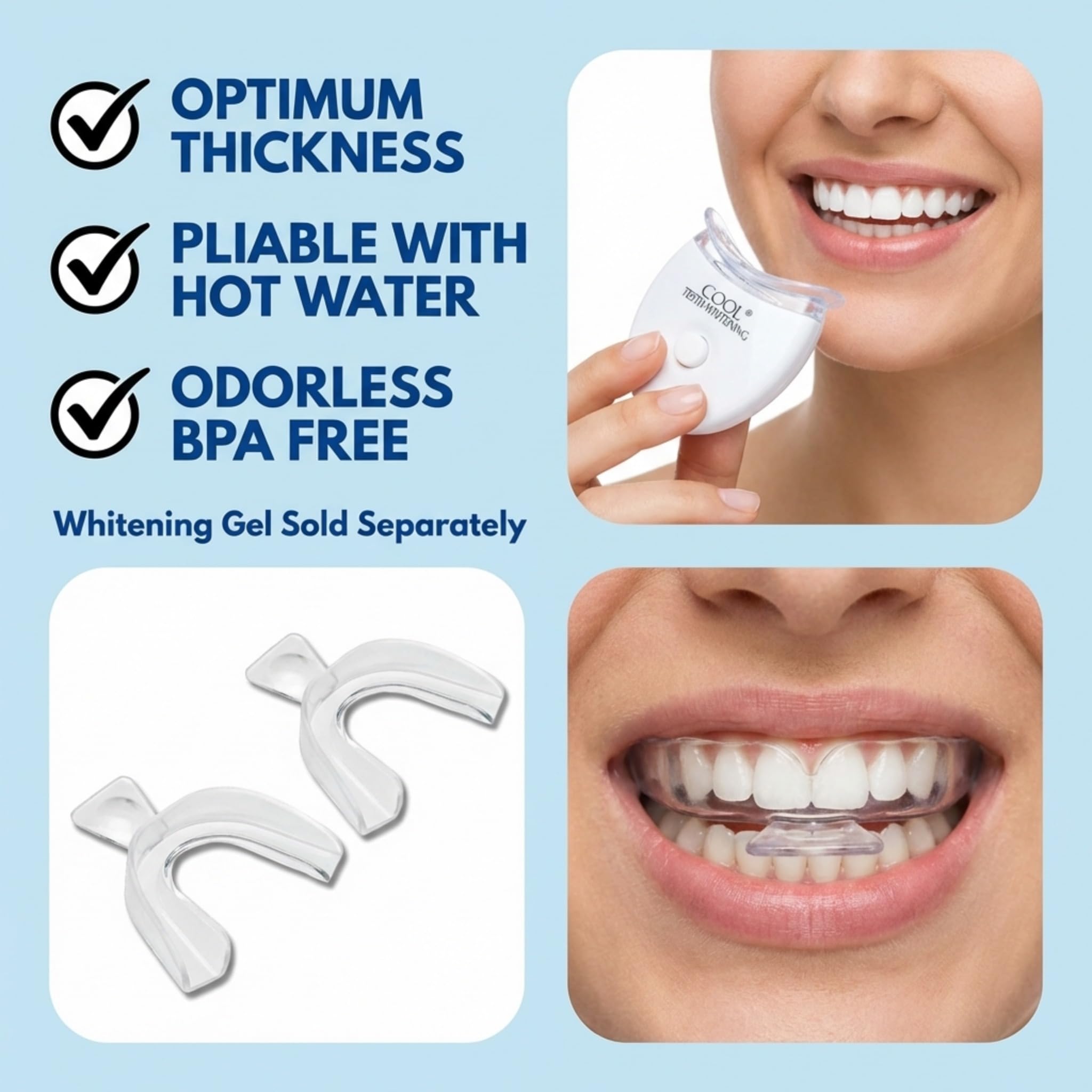 Cool Teeth Whitening (2) bandejas y (1) acelerador de luz LED azul para blanquear más rápido 1 par de termoformado moldeable termoformado boca blanqueador dental bandejas blanqueador dental