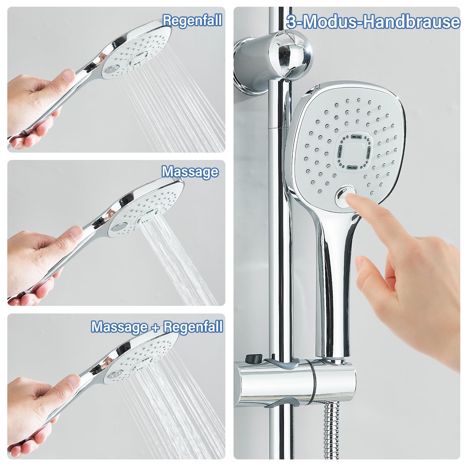 Sistema de ducha sin grifería Cromo Ducha de lluvia Juego de ducha sin grifo con cabezal de ducha de lluvia y 3 tipos de chorro, sistema de ducha de mano de acero inoxidable