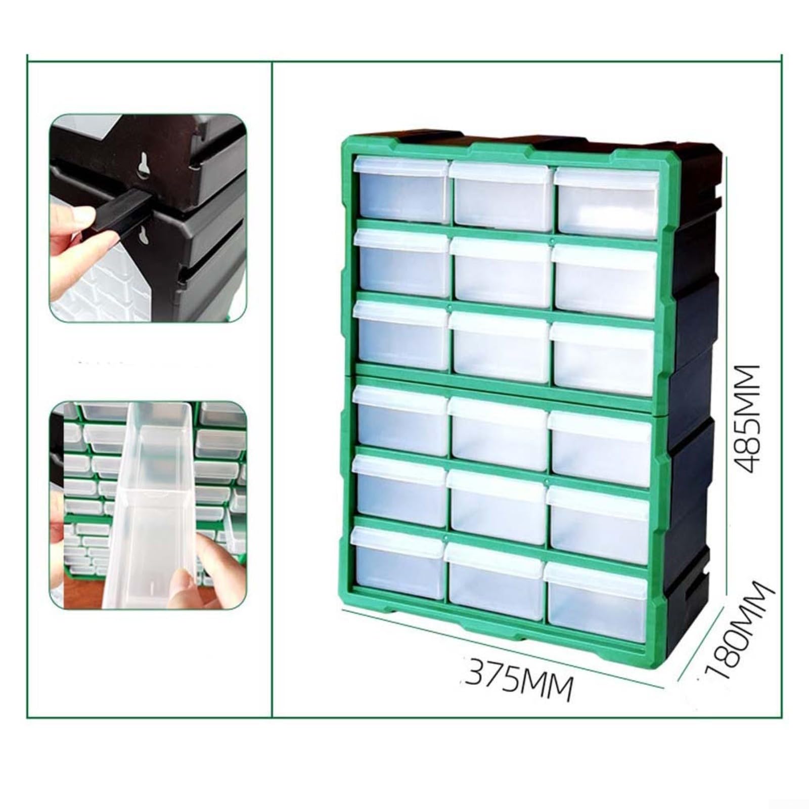Organizador de almacenamiento de plástico transparente con 18 cajones, caja de piezas multicompartimento para tornillos y tuercas, estuche de herramientas apilable (verde 18 cajones)