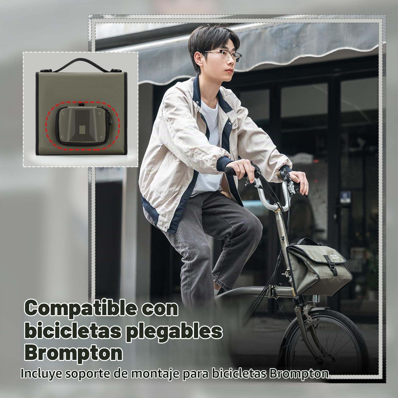 ROCKBROS Bolsa Delantera Bicicleta Porta Alimentos, Bolsa Capacidad Ajustable con Correa de Hombro, Mochila Portátil para Bicicleta Plegable Brompton
