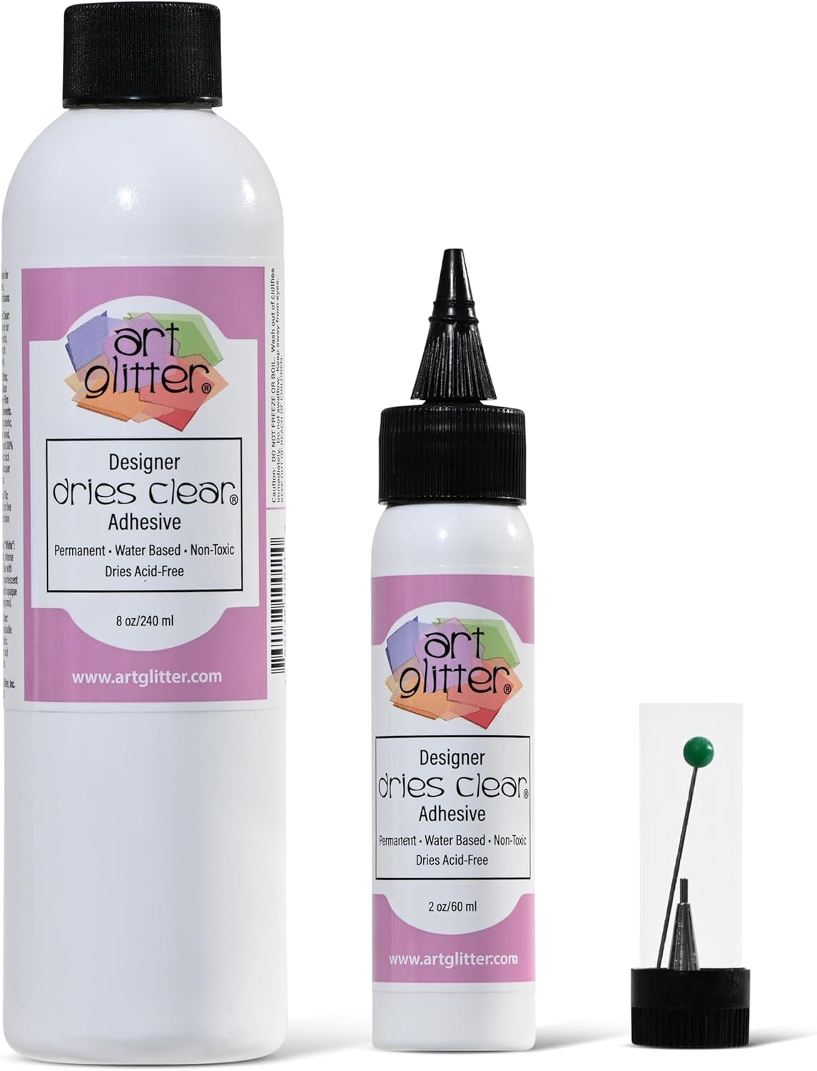 Art Institute Glitter Designer Dries Clear Glue Kit – 8oz & 2oz Bottles with Ultra Fine Metal Tip and Pin