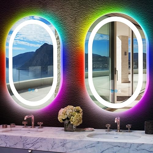 Miniatura 7 de THEKLA Espejo de tocador LED ovalado de 20 x 32 pulgadas con luces, regulable, 3 color+arco iris RGB que cambia de color, retroiluminado de 32
