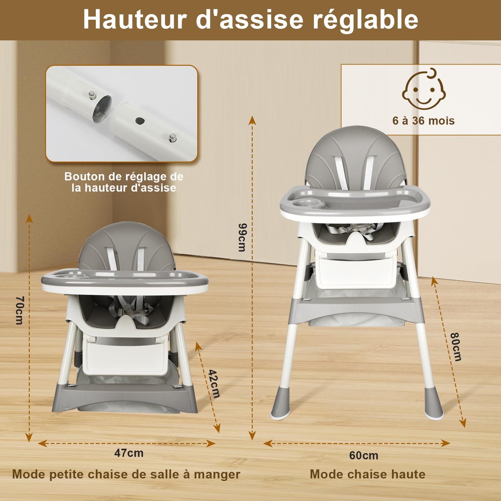 Chaise Haute Bébé Evolutive Pliable Chaise Haute 4 en 1, Double Plateau Détachable avec 4 Angles d'Inclinaison, 6 mois à 3 ans, Jusqu'à 15kg