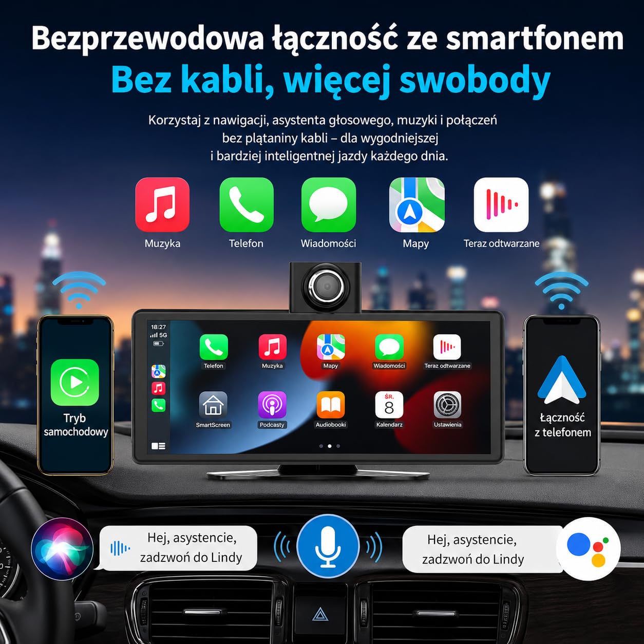 10,26" Przenośny Ekran Samochodowy z Bezprzewodową Obsługą CarPlay i Android Auto, Ekran Dotykowy do Samochodu z Kamerą do 4K i Kamerą Cofania 1080P, Bluetooth/FM/AUX, Mirror Link