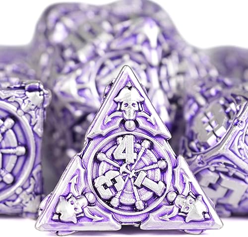 Miniatura 4 de DND - Juego de dados de metal con caja, coloridos dados de pirata DND de 7 piezas para regalos RPG D&D Dungeons and Dragons (morado plateado)
