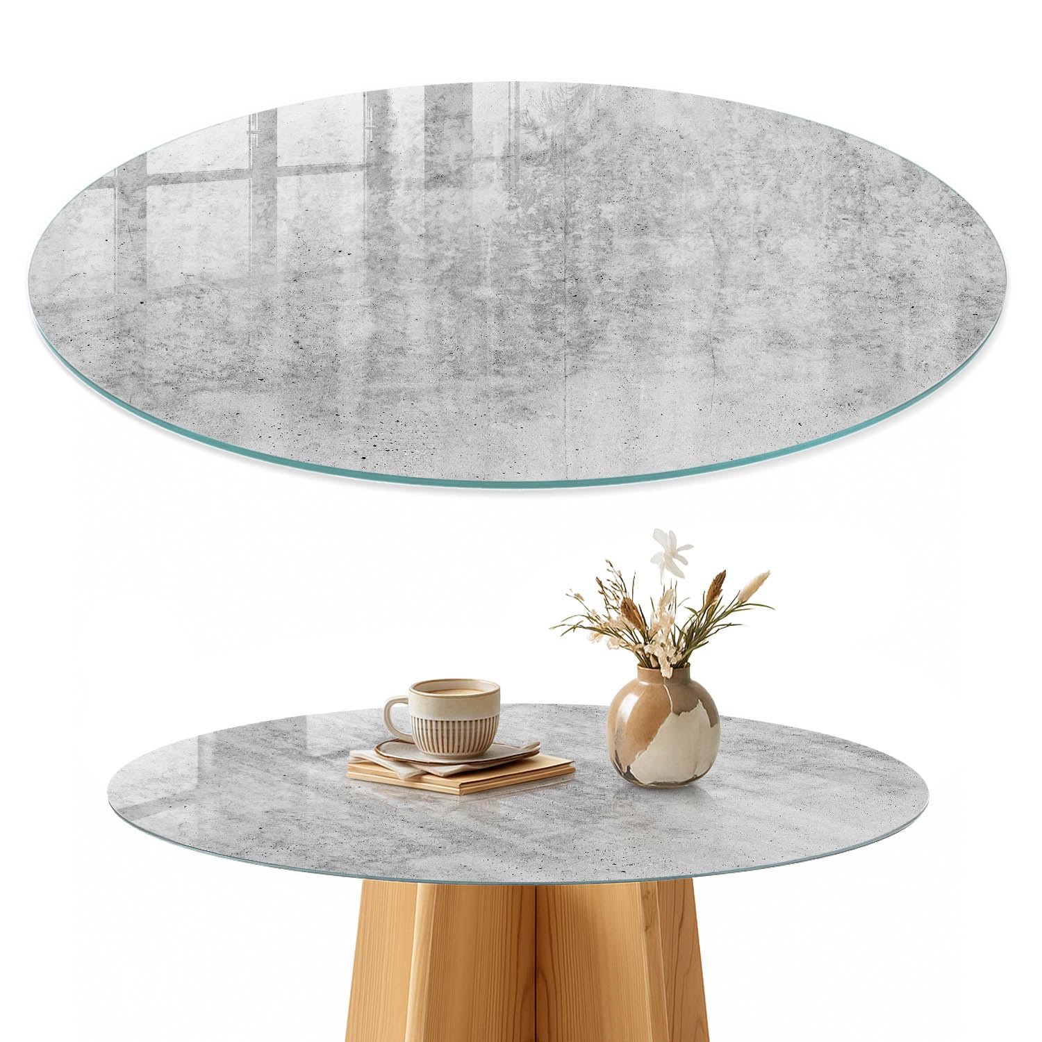 Placa de Cristal 100 cm | Redondo | Espesor 4 mm | Bordes Pulidos | Hormigón industrial | con Impresión Decorativa | para la Cocina y Salón | Vetro Temperato | Pies Antideslizantes