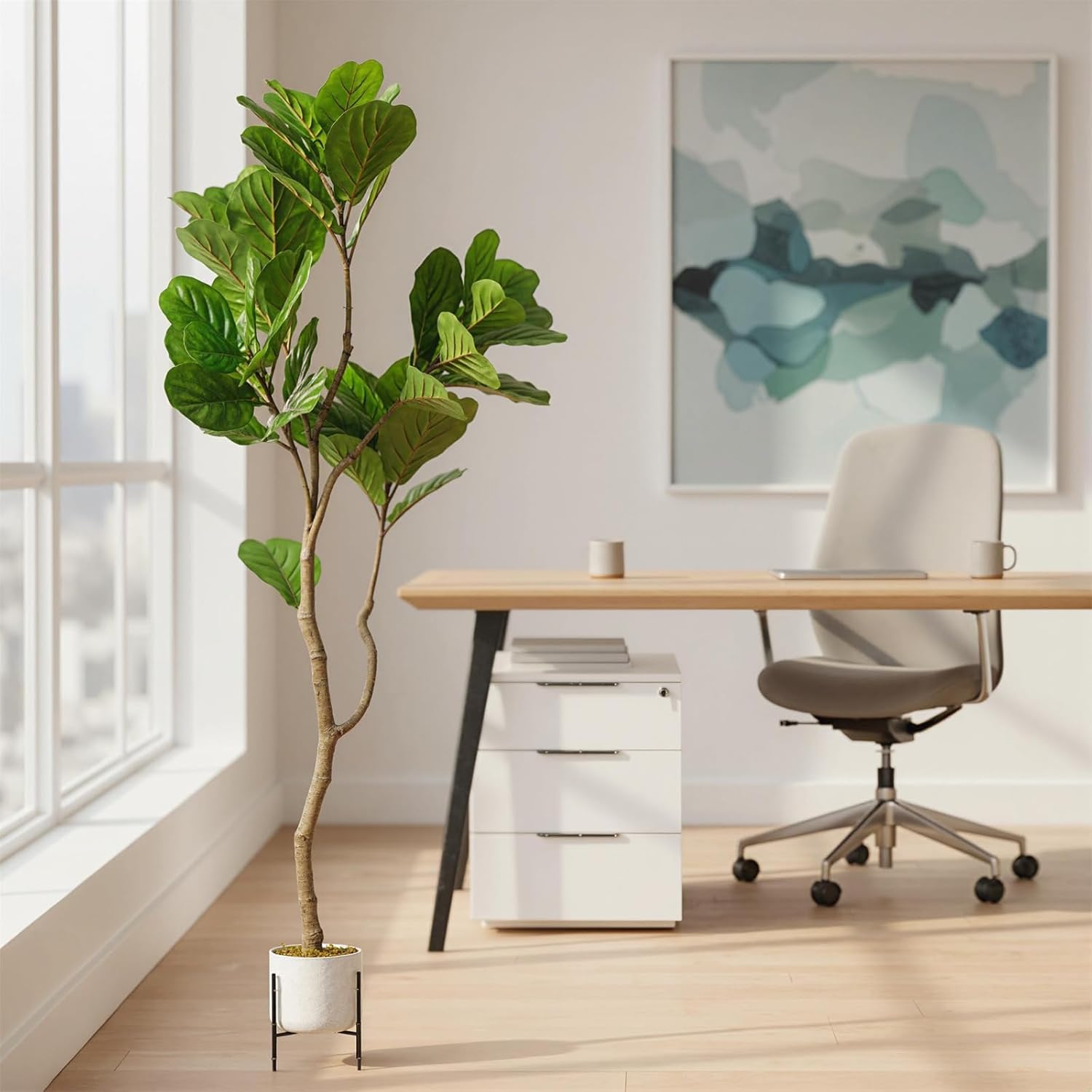 GarveeHome 5FT Artificial Fiddle Leaf Fig Tree in White Planter, 61" Tall Fake Plants Ficus Tree with Fake Moss and Trunk, Indoor Outdoor Faux Floor Plant for Home Office Living Room Decor