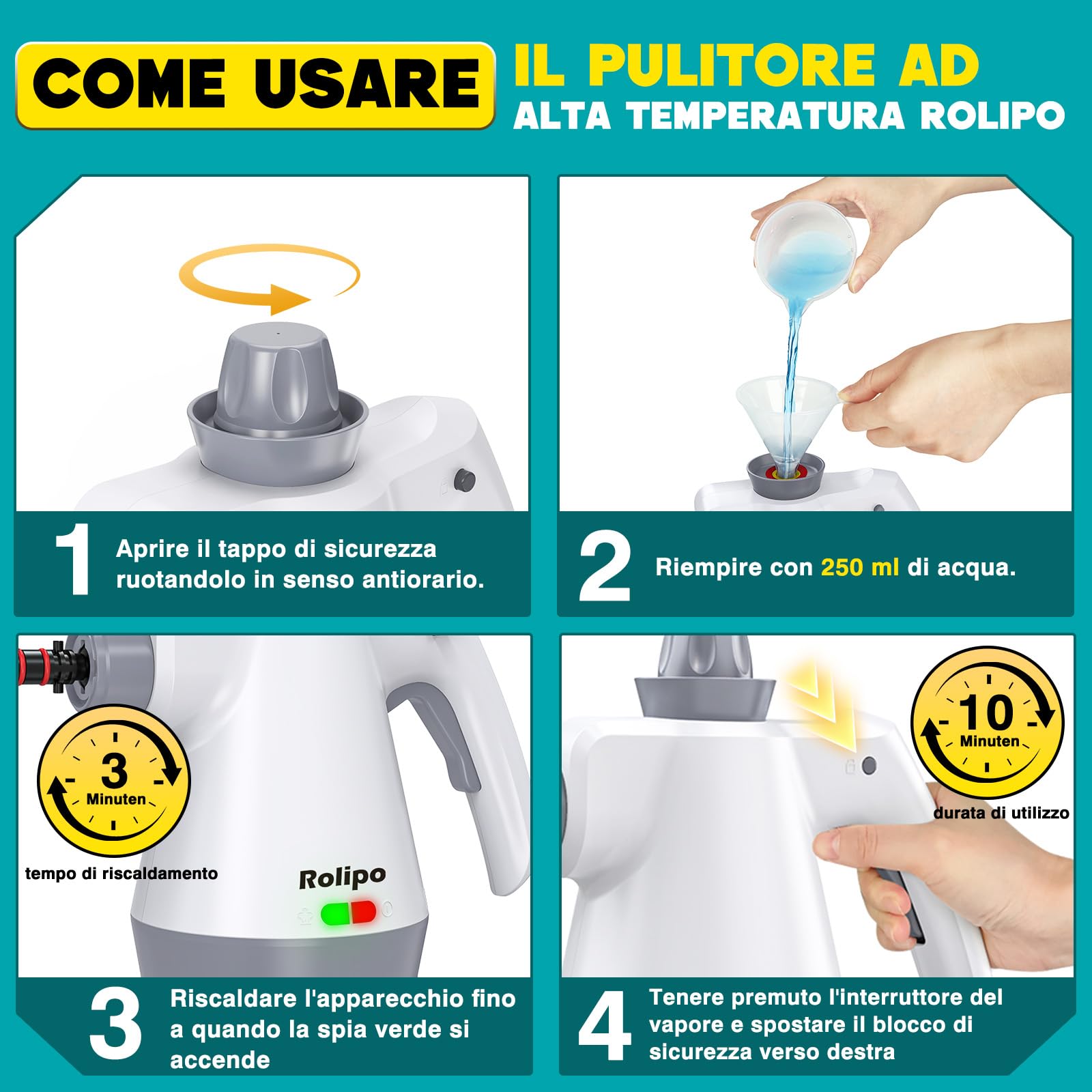 Rolipo Pulitore a Vapore Portatile, Pistola a Vapore Multifunzione Per Uso Domestico, Pressurizzato Con 12 Accessori e Blocco Di Sicurezza, Per La Pulizia Di Cucina, Bagno, Fughe, Finestre, Grasso