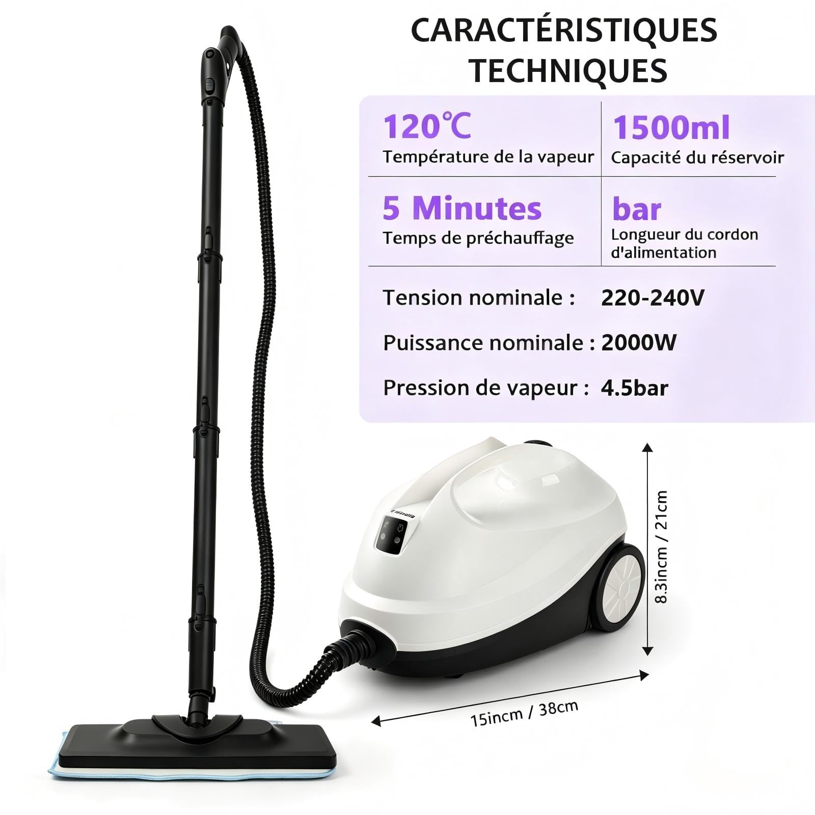 Nettoyeur vapeur portable pour la maison, vapeur à haute température de 120 °C, avec 20 accessoires, idéal pour sols, canapés, fenêtres, meubles et cuisine