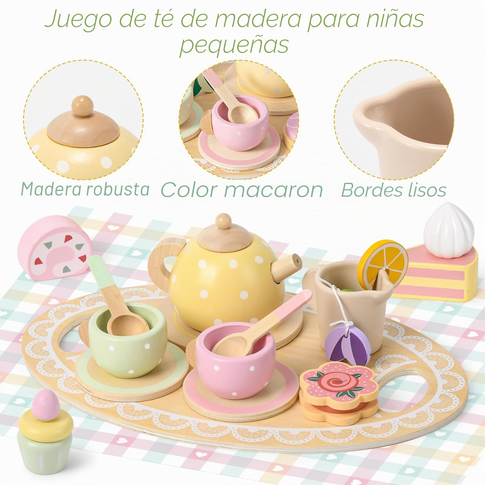 Vajilla de té de Madera para bebé, niño, Juego de Fiesta de té, Expositor para Cupcakes, Tetera, Tazas de té, dinette Infantil, Cocina de Madera, Juegos de rol, Juguete Educativo, Regalo de