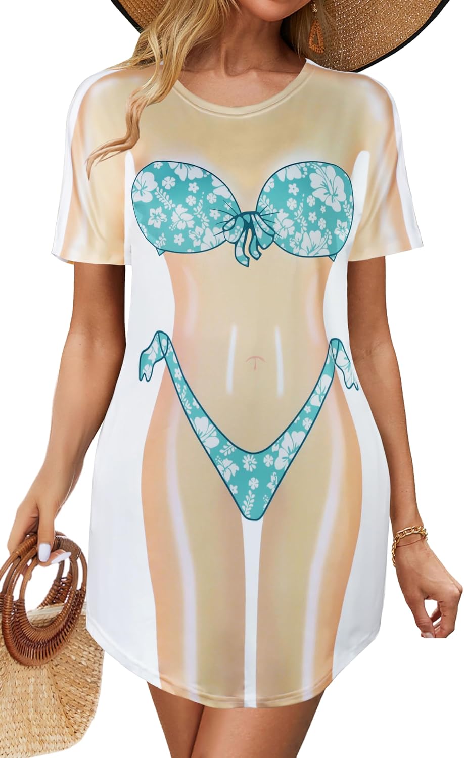 elescat Women's Beach Cover Up Bikini Printed Short Sleeve Tshirt Dress Baggy Cute Coverups