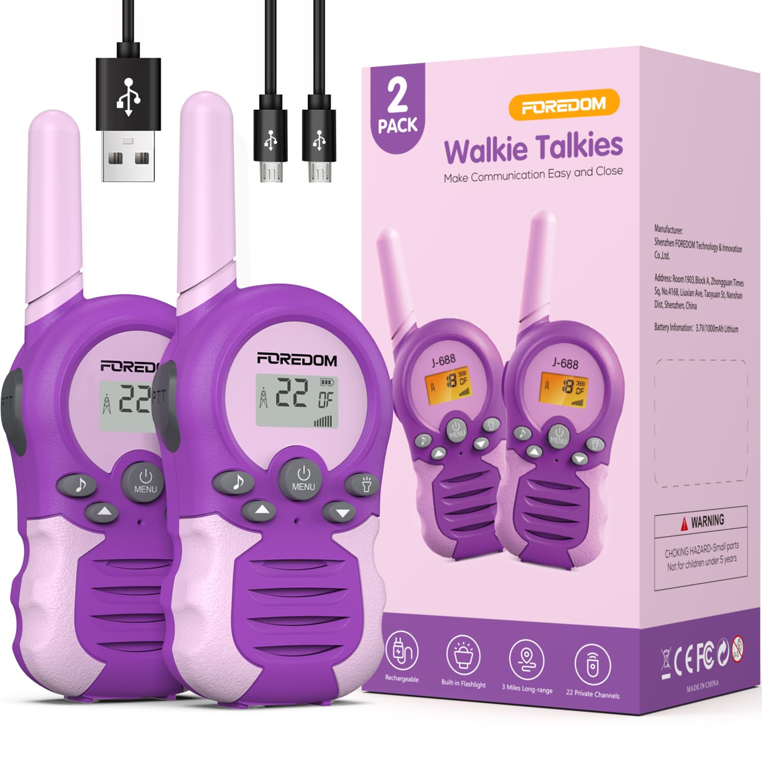 Walkie Talkies Recargables Para Niños FOREDOM – Pack De 2 Con Largo Alcance, Linterna Y Carga USB, Regalo Ideal De Cumpleaños De 3 A 12 Años