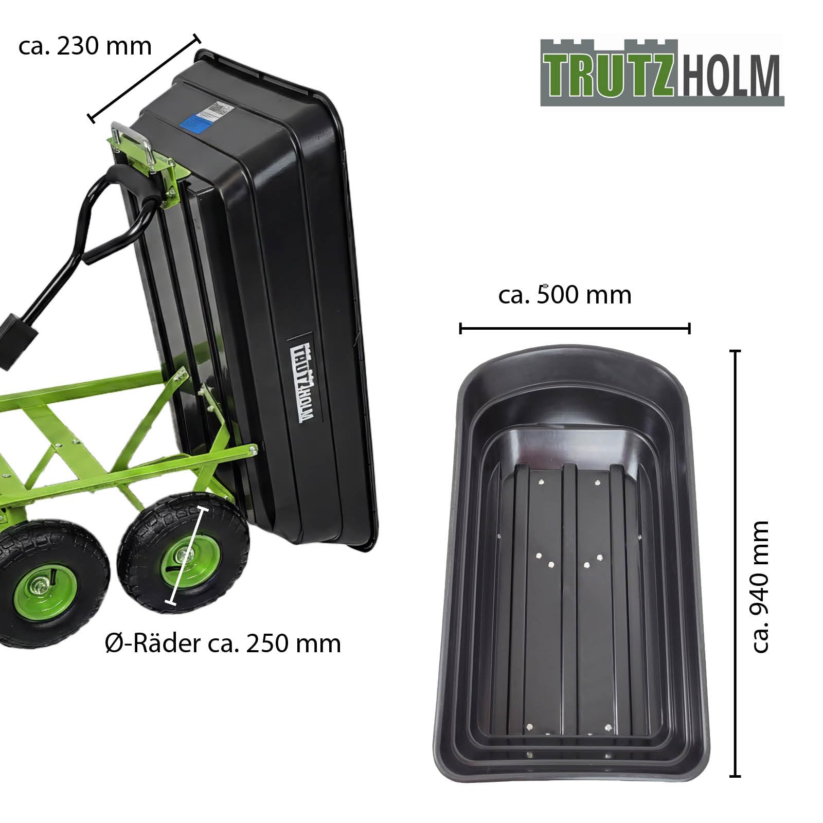TRUTZHOLM Gartenwagen mit Kippfunktion Tragkraft 300 kg | 75 Liter Kunststoffwanne mit Stahlgestell Handwagen mit wendiger Lenkachse Lufträder Handwagen Transportwagen Rollwagen für Garten