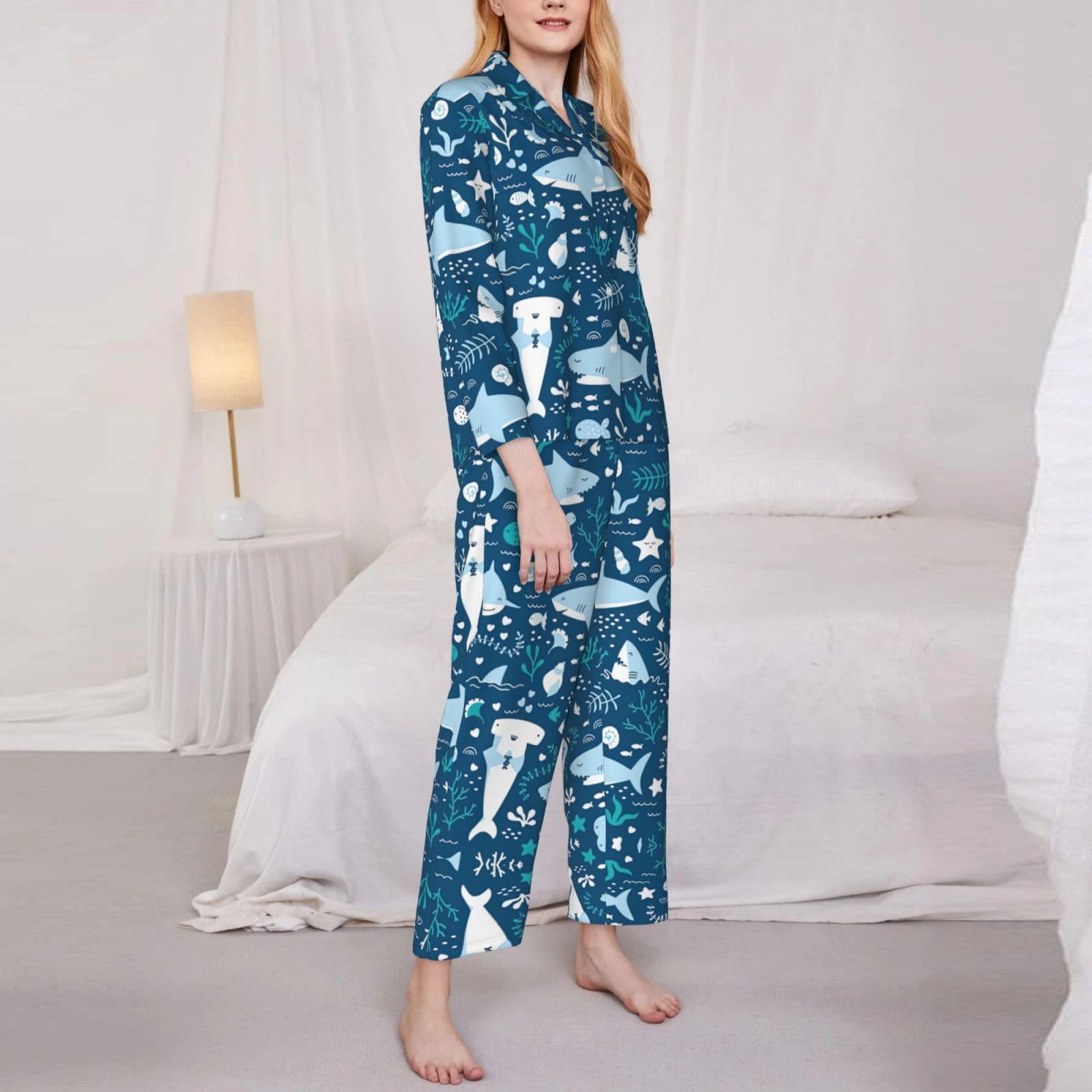Carino Blu Pesce Stampa Delle Donne Manica Lunga Pigiama Morbido Lounge Set Sleepwear Confortevole Nightwear Regalo