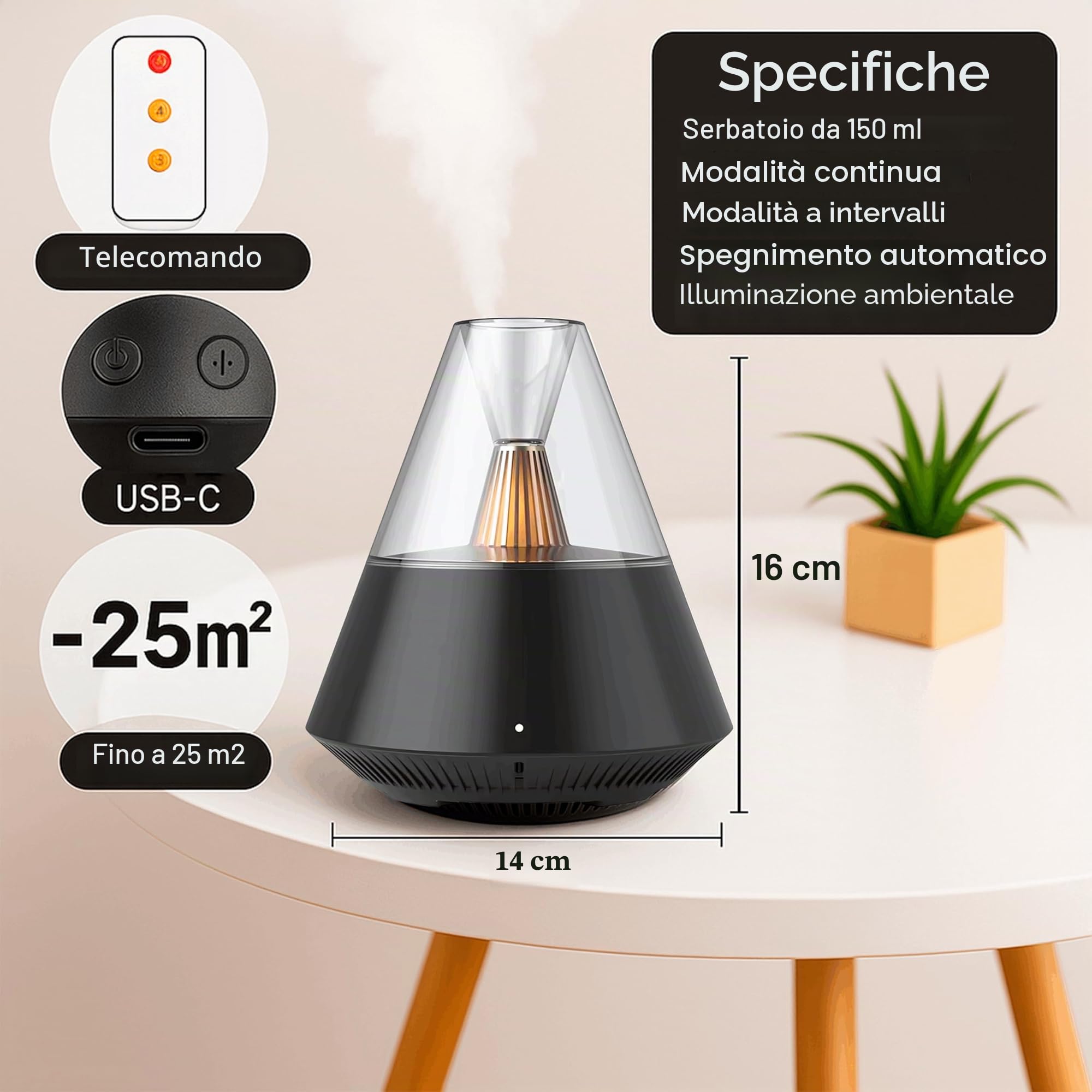 ALMA® Diffusore & Umidificatore per aromaterapia a lampada a lume di candela, diffusore di oli essenziali, 150 ml, umidificatore ad ultrasuoni a nebbia (Black)