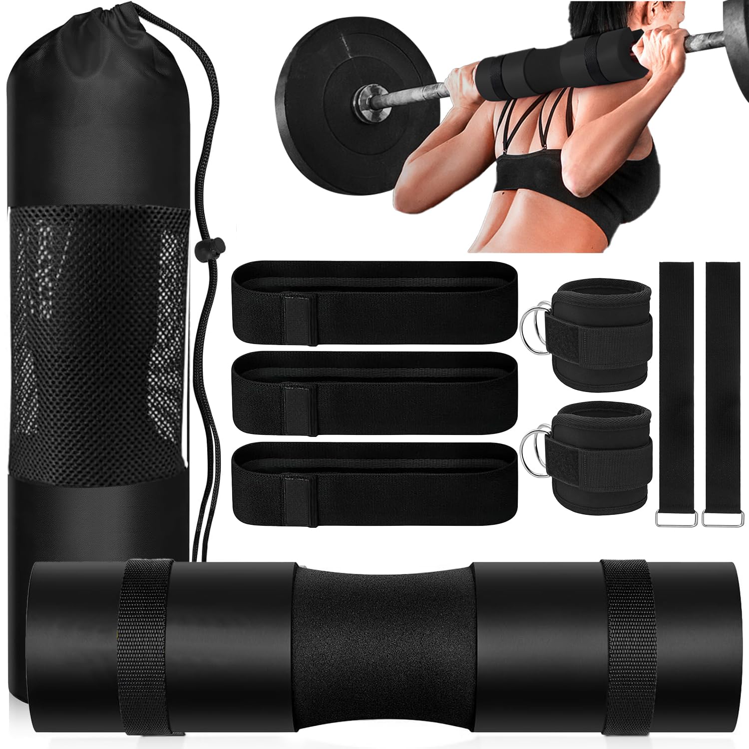 Almohadilla para Barra de Gimnasio,con 3 Bandas Resistencia,2 Grilletes parar Tobillo de Fitness,1 Bolsa Der Almacenamiento,Portátil Barbell Pad Set,para Entrenar En El Gimnasi...