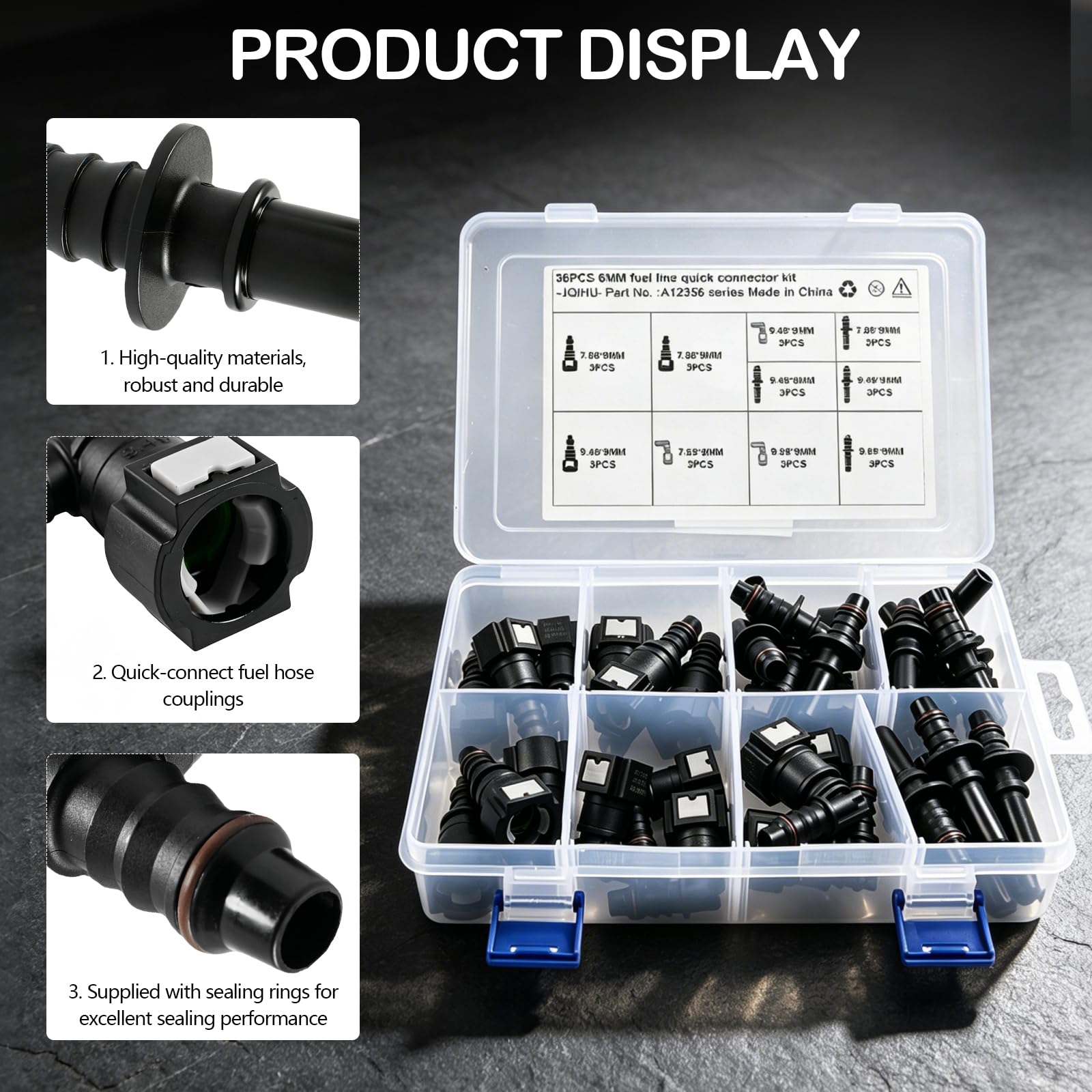 Set di 36 connettori rapidi per tubo carburante, SAE 9,89/9,49/7,89/6,3 mm, connettori ad angolo retto, ID3/6/8 mm ABS, kit di riparazione per auto, moto, barca, carburante, diesel