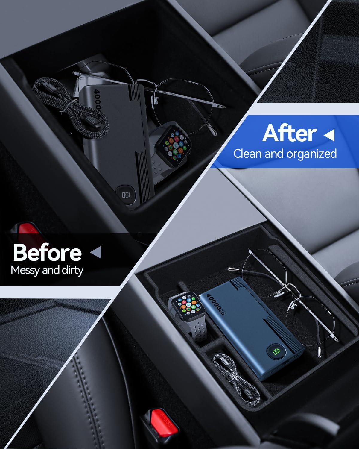 5 Pcs Zubehör für Tesla Model 3 2024-2026 Mittelkonsole Organizer, Silikon Organizer Tray, Armlehne Aufbewahrungsbox, Versteckte Box und Getränkehalter