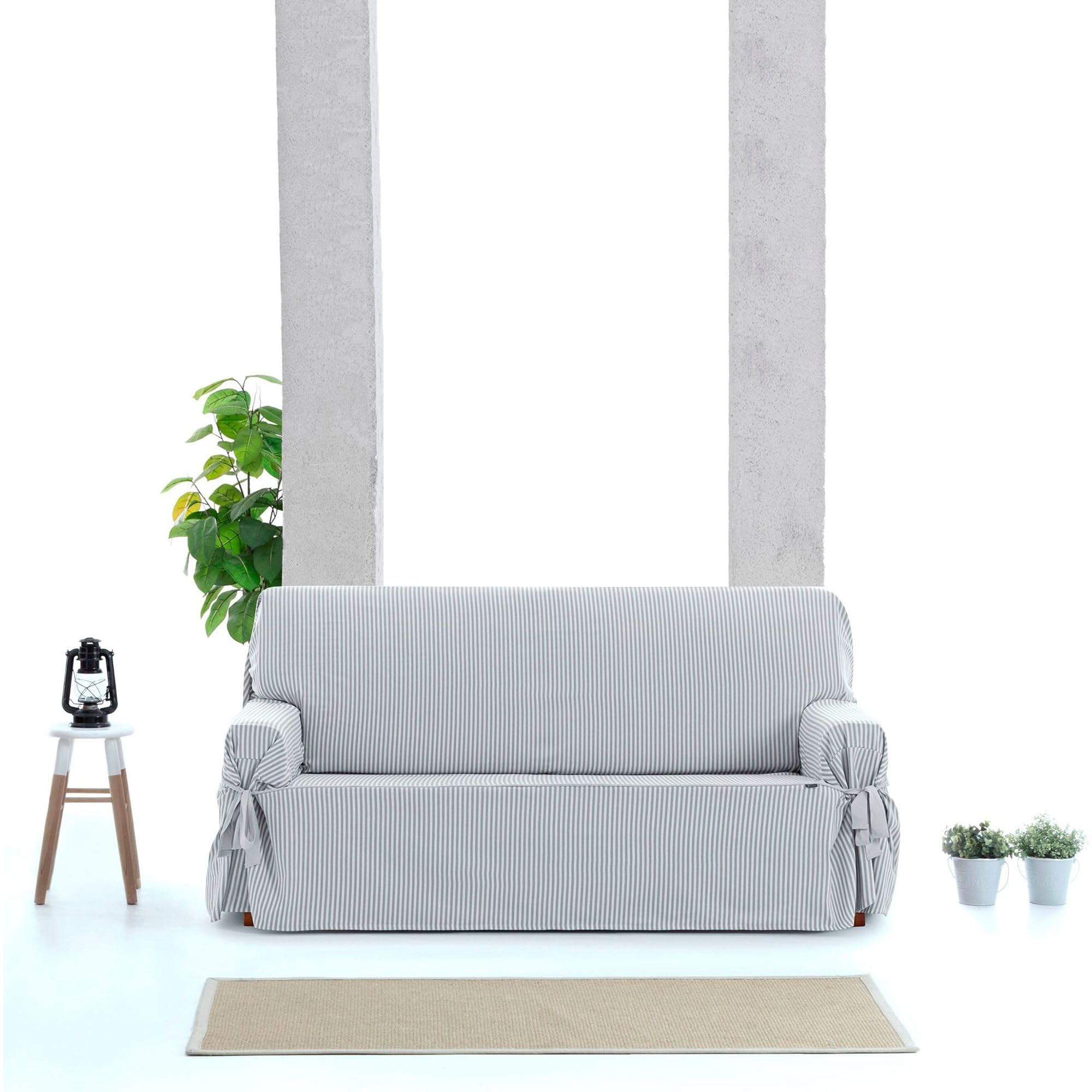 ECOMMERC3 | Funda Sofá Universal con Gomas Elásticas Tamaño 2 Plazas – Funda Ajustable para Sofá Color Crudo/Gris, Protección de Respaldo, Asiento y Brazos Renovación Fácil y Versátil