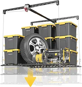 Overhead Garage Storage Rack, 4x4 Ft Garage Ceiling Storage Lift, Heavy-duty Ceiling Mounted Garage Storage Lift System for Garage Organization, 250lbs Weight Capacity, Brushed Black