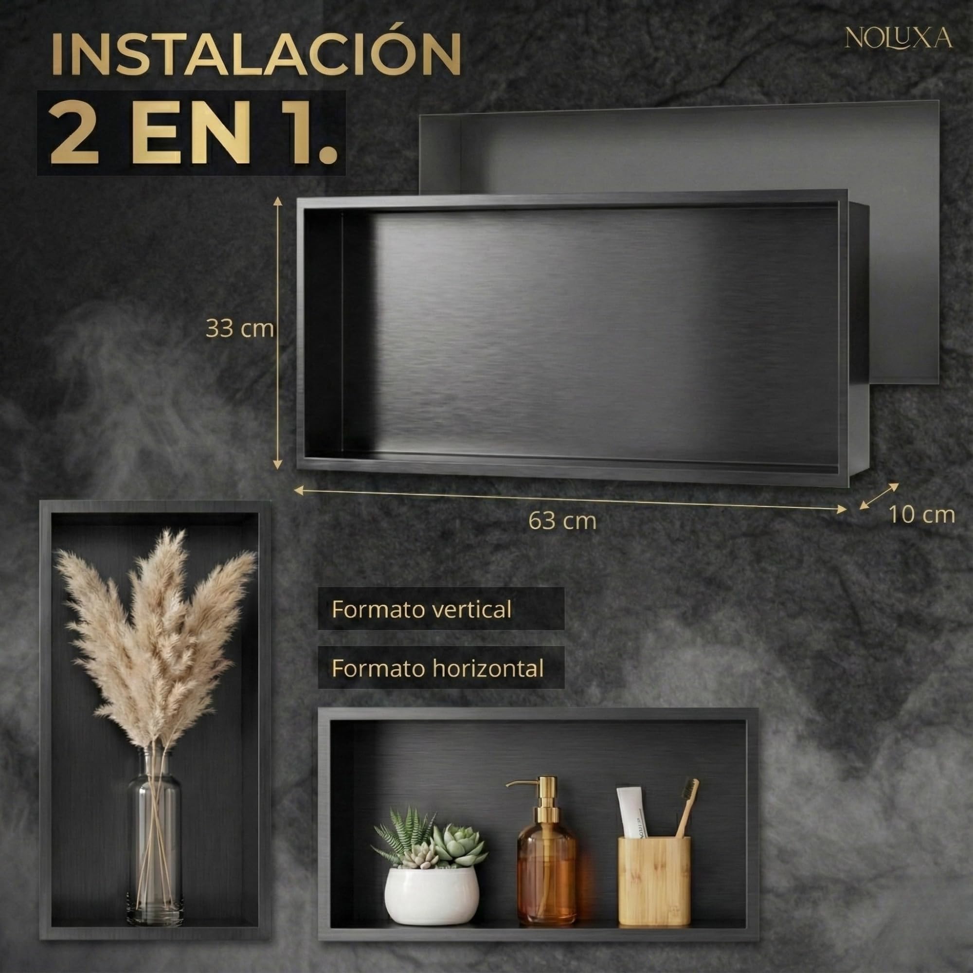 NOLUXA IMEX - Wbudowana nisza prysznicowa ze światłem LED 63 x 33 cm czarny | Prostokątny prysznic ze stali nierdzewnej S.304 | Kernat do łazienki wpuszczane na ścianę o głębokości 10 cm | Oceanic