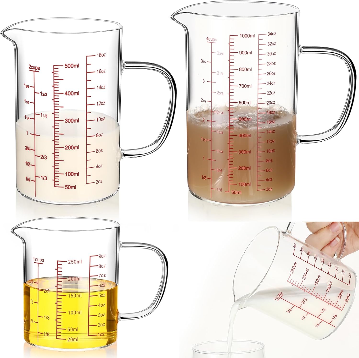 Lallisa 3 Pack High Borosilicate Glass Measuring Cups Set with Handle V Shaped Spout, 4, 2, 1 Cup 3 Scales (Oz, Cup, Ml) for Kitchen Restaurant Baking Cooking, Easy to Read, Clear(Red Scale)