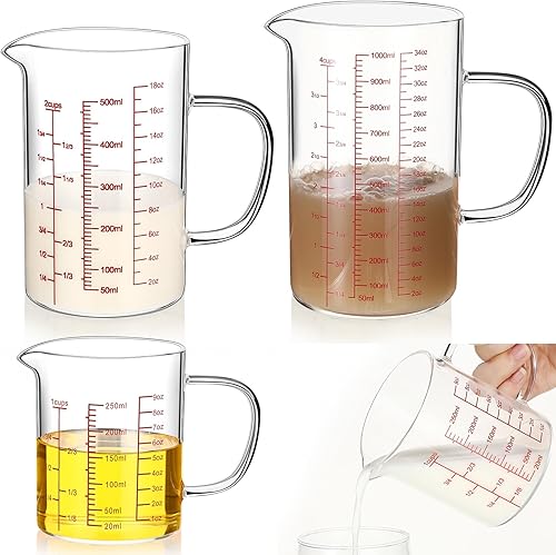 Lallisa Juego de 3 tazas medidoras de vidrio de borosilicato alto con asa en forma de V, 4, 2, 1 taza y 3 escalas (onzas, taza, ml), para cocina,
