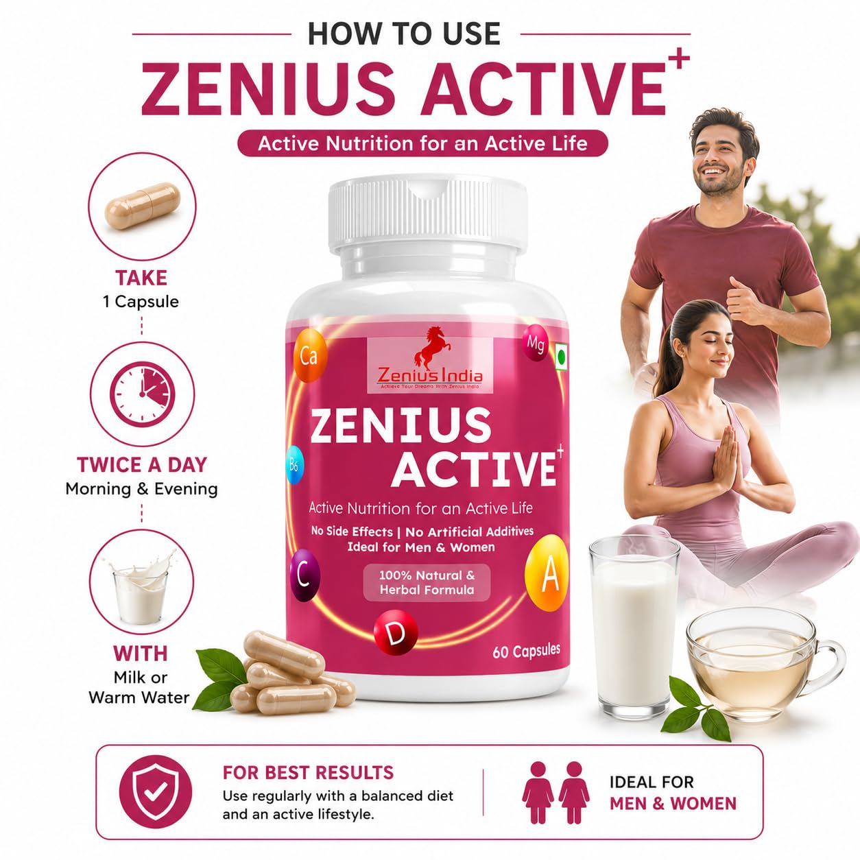 Zenius Active Plus Capsule | Multivitamin Capsules for Men & Women | With 10 Vitamins, Zinc, Magnesium, Calcium for Energy, Strong Joints, Immunity and Heart Health | 60 Capsules (Pack of 1) — Amazon image 5