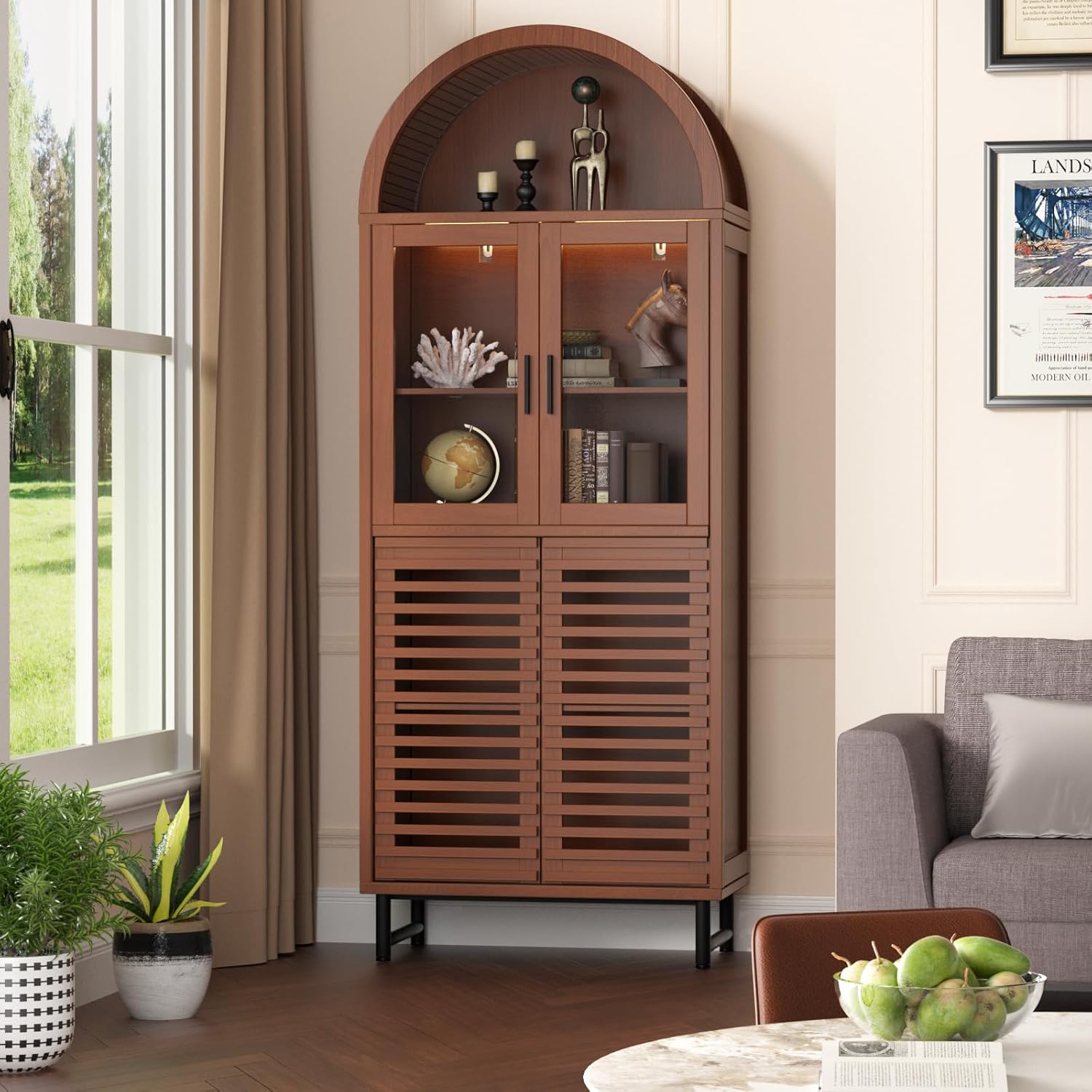 FiveWillowise Kitchen Pantry Cabinet with Glass Doors - Arched Design, Metal U Legs, Artistic Slatted Door, Adjustable Shelves, 78.4" Curved Storage Cabinet for Kitchen, Dining Room