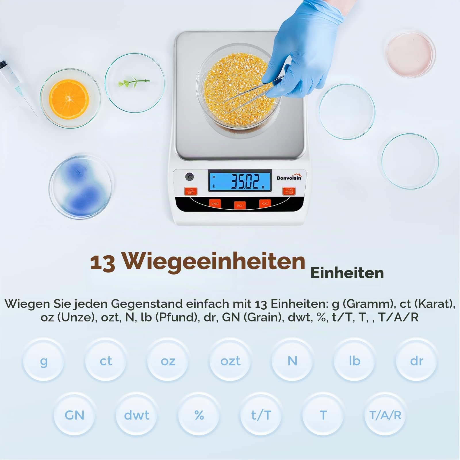 Bonvoisin Analysenwaage 5000g x 0,01g, Hochpräzise Laborwaage mit 13 Einheiten, USB-Datentransfer, Zähl-& Kalibrierfunktion, Vergrößerte Edelstahl-Platte, für Labor, Juweliere, Industrie