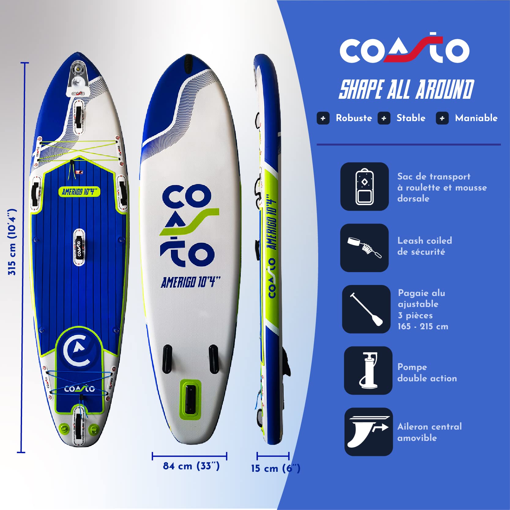 Coasto Amerigo Tabla Sup, Adultos Unisex, Azul/Blanco/Verde, 10'4"
