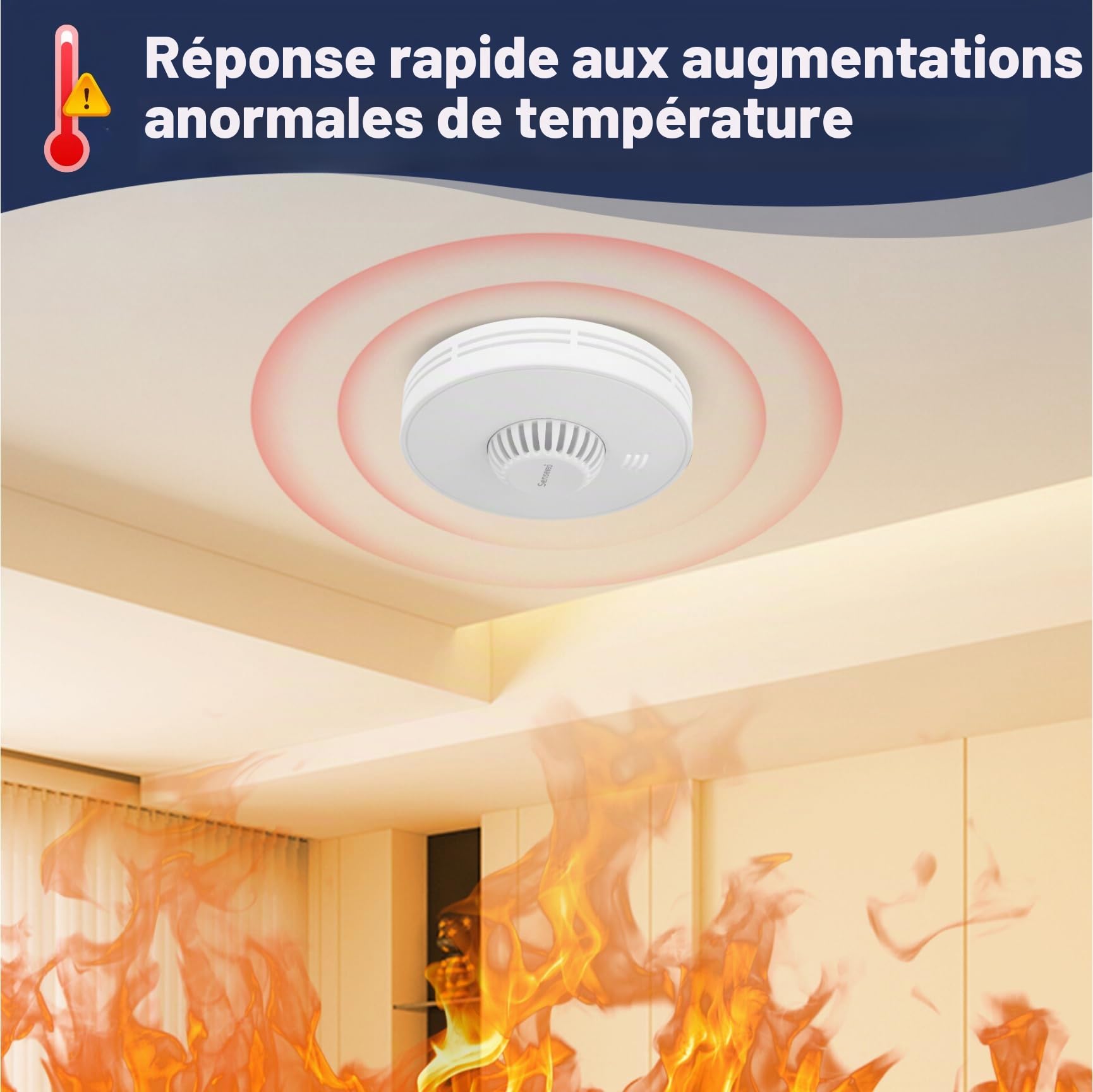 Alarme de chaleur autonome de 10 ans, détecteur de chaleur pour la maison et le bureau, batterie scellée de 10 ans avec kit d'installation inclus, conforme à la norme BS 5446-2:2003