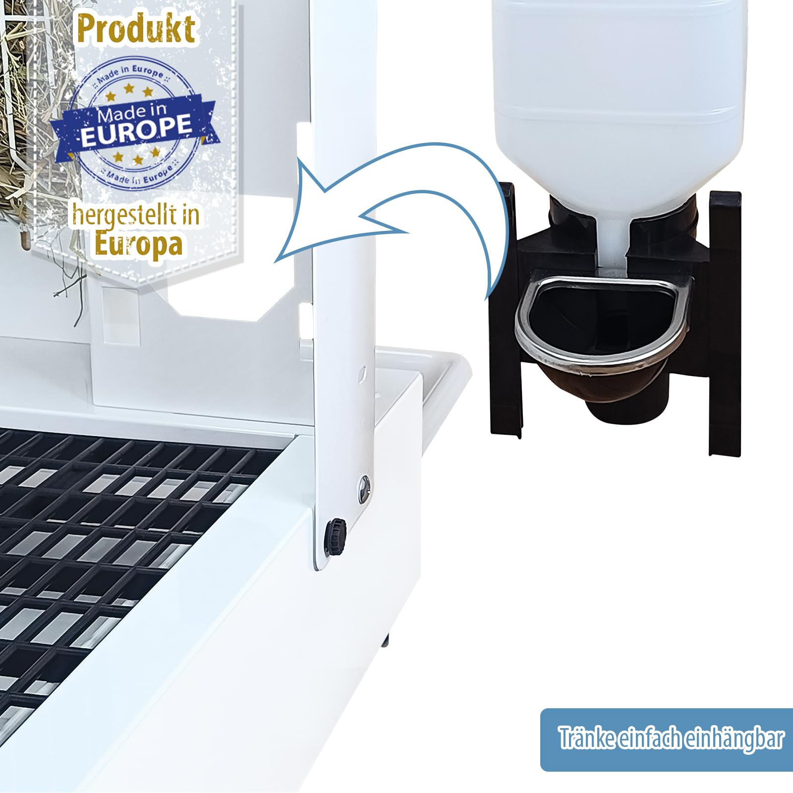 Futterstation aus Metall für Kaninchen mit integrierter Käfigtoilette - Heuraufe - Trinkflasche - Futternapf