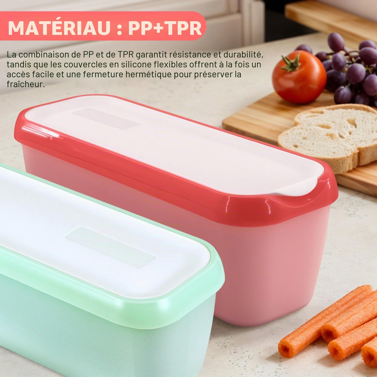 Lot de 2 bac a glace maison, 1,5 L boîte pour glace maison, Récipients Réutilisables pour la Crème Glacée faite Maison, Sans BPA en qualité alimentaire (vert+rouge clair)