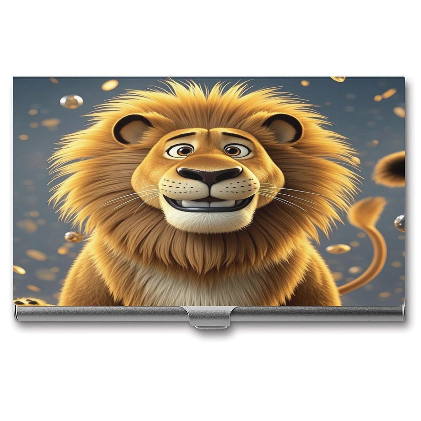 FekiLoot Cute Cartoon Lion Business Card Holder Aluminum Alloy Business Card Case Convenient to Carry Business Card Dispenser for Men Women