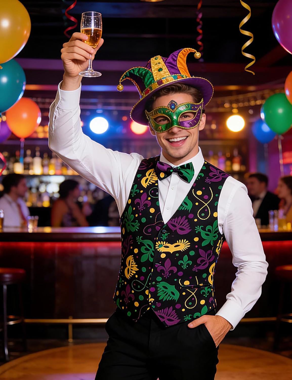 Roseelf Mens Holiday Waistcoat V-Neck Suit Vest with Bowtie - Image 4