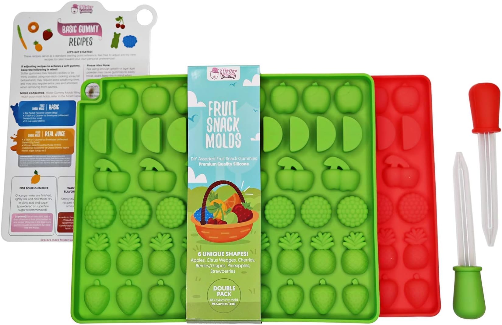 DIY Assorted Fruit Snack Molds by Mister Gummy | Premium Silicone | Fruit Snacks, Chocolate, Ice Cubes, Candy | 2 Fruit Molds, 2 Liquid Droppers, Recipe Card, and Reusable Zip Lock Bag (DOUBLE PACK)
