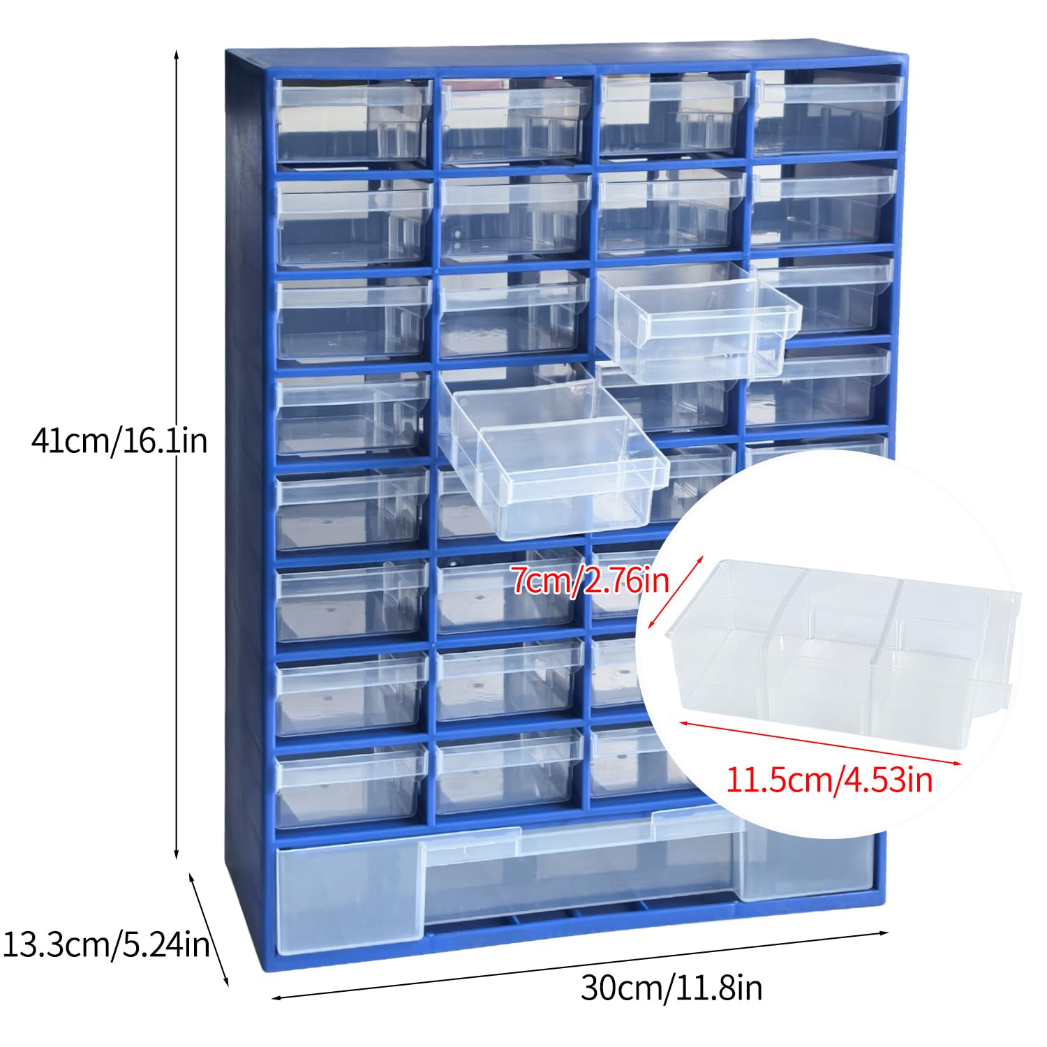 Organizador de piezas pequeñas de plástico de 33 cajones, contenedor de almacenamiento con cajones para hardware, piezas, manualidades, cuentas, 11.8 x 16.1 x 5.2 pulgadas (azul)
