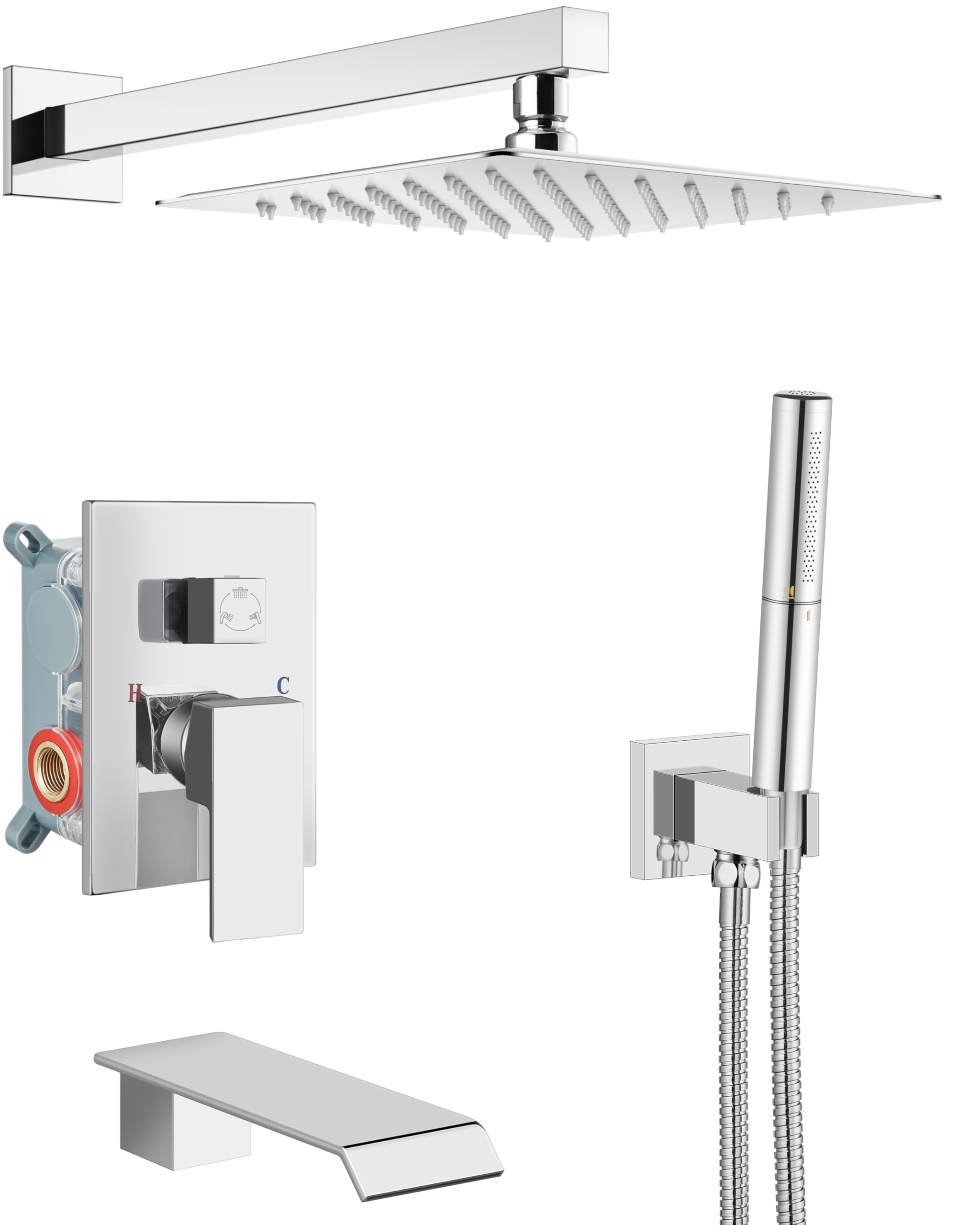 Systemy prysznicowe Bateria wannowa i prysznicowa Combo Polish Chrome 25 cm montaż ścienny deszczownica głowica prysznicowa z prysznicem ręcznym 2 w 1 i wylewką do wanny wodospadowej gruboziarnisty