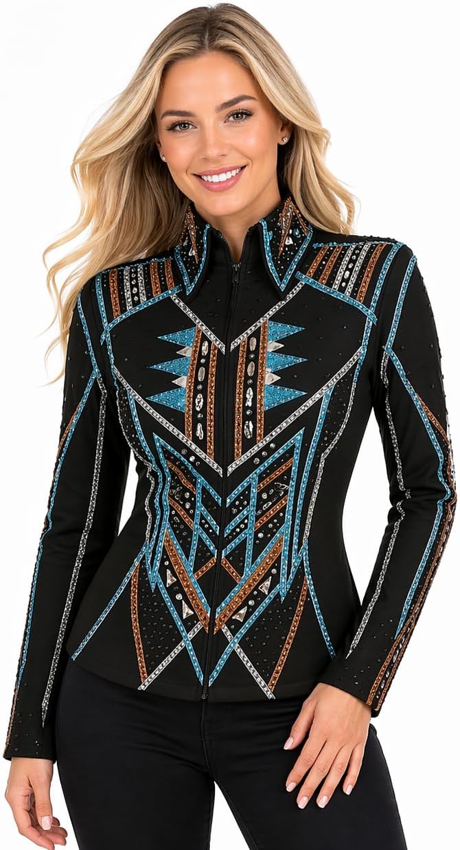 Women’s Western Show Jacket Black – Equestrian Riding Coat with Tribal Geometric Design
