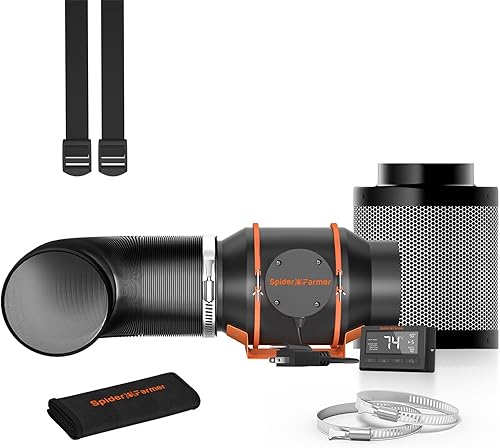 Spider Farmer Combo de ventilador en línea de 6 pulgadas y filtro de carbono, ventilador de escape con controlador de humedad y temperatura, kit de