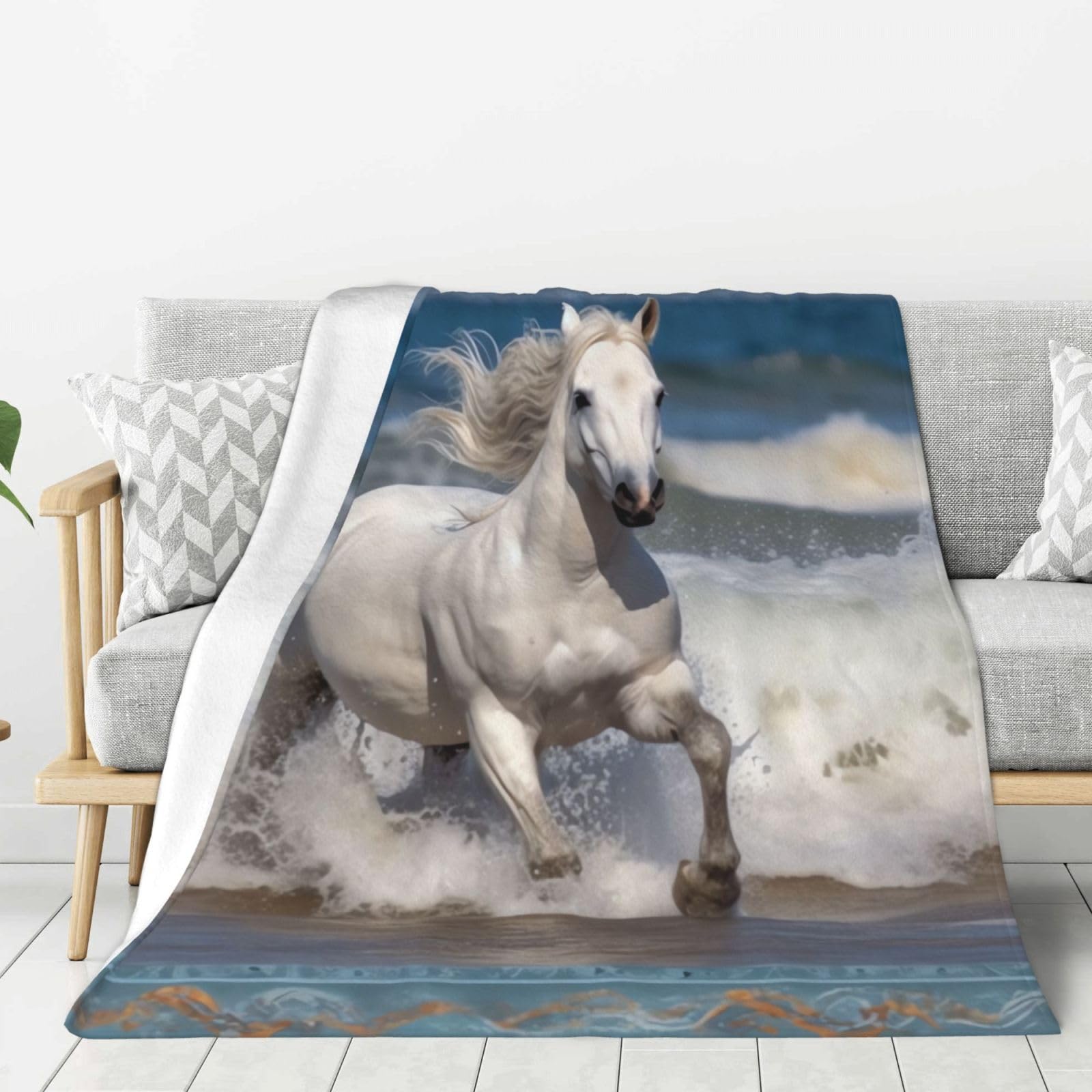 White Horse Running On The Sea Throw Blanket Plush Flannel Fleece Blanket, Soft Lightweight Cozy Blankets 50"X40" for Bed Couch Sofa Travel