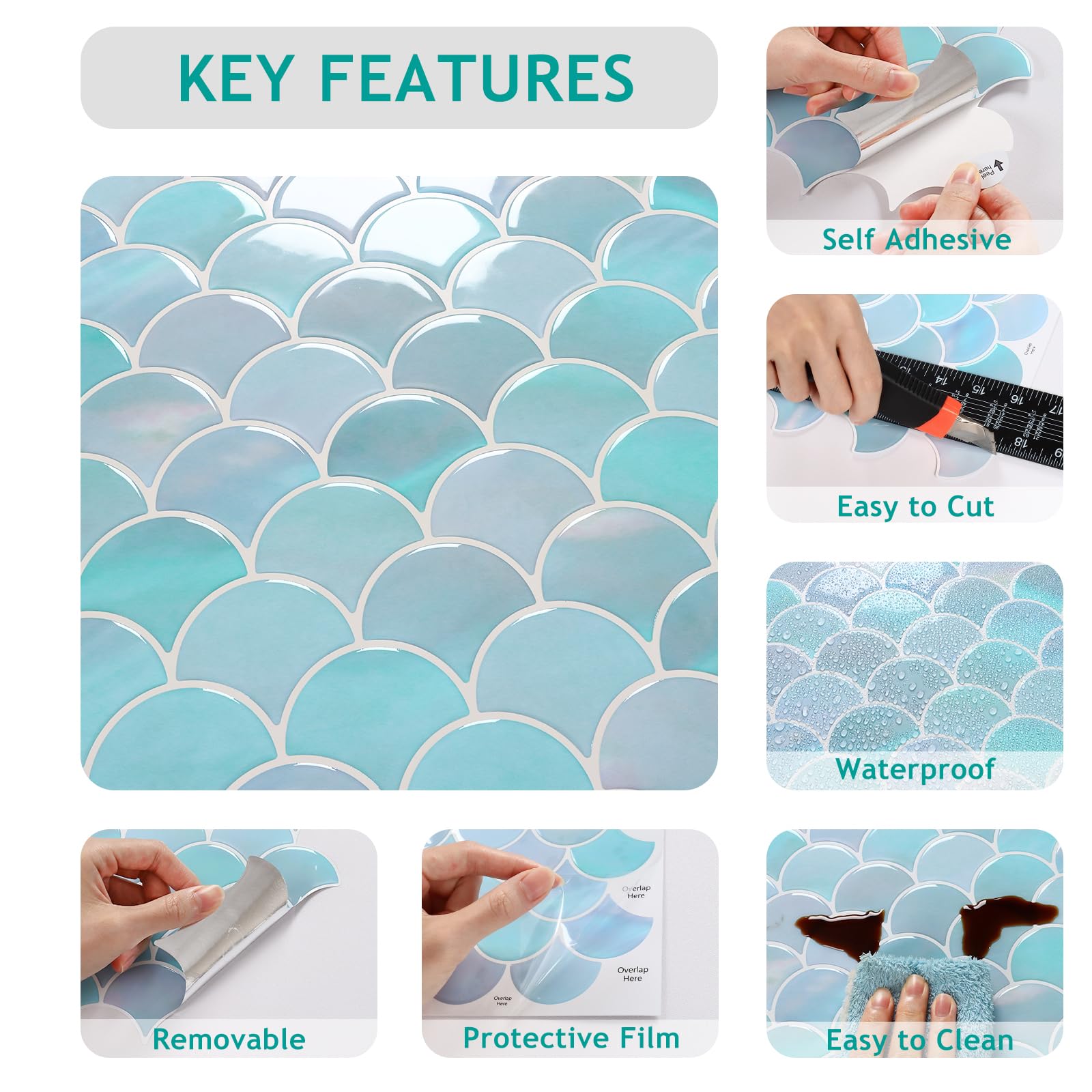 VEELIKE Piastrelle in ceramica iridescenti, con squame di pesce blu iridescente, per piastrelle da parete della cucina, stacca e attacca, impermeabili, 12 fogli autoadesivi in ceramica per bagno, 30,5
