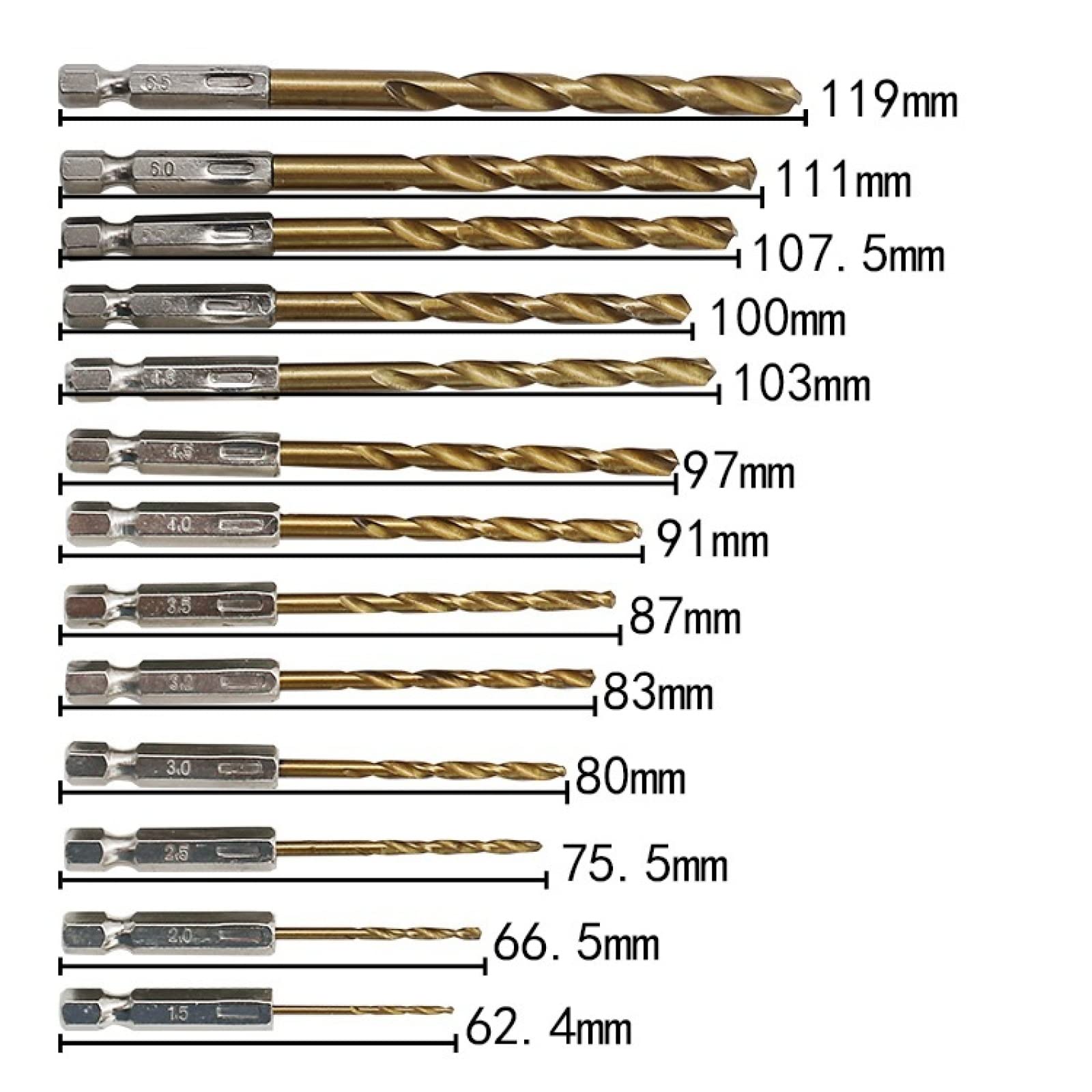 13Pcs 6.35mm 1/4 "Hex Shank 1.5-6.5mm Punte Da Trapano HSS Acciaio Ad Alta Velocità Rivestito Di Titanio Punta Del Trapano Set Utensili Elettrici Accessori