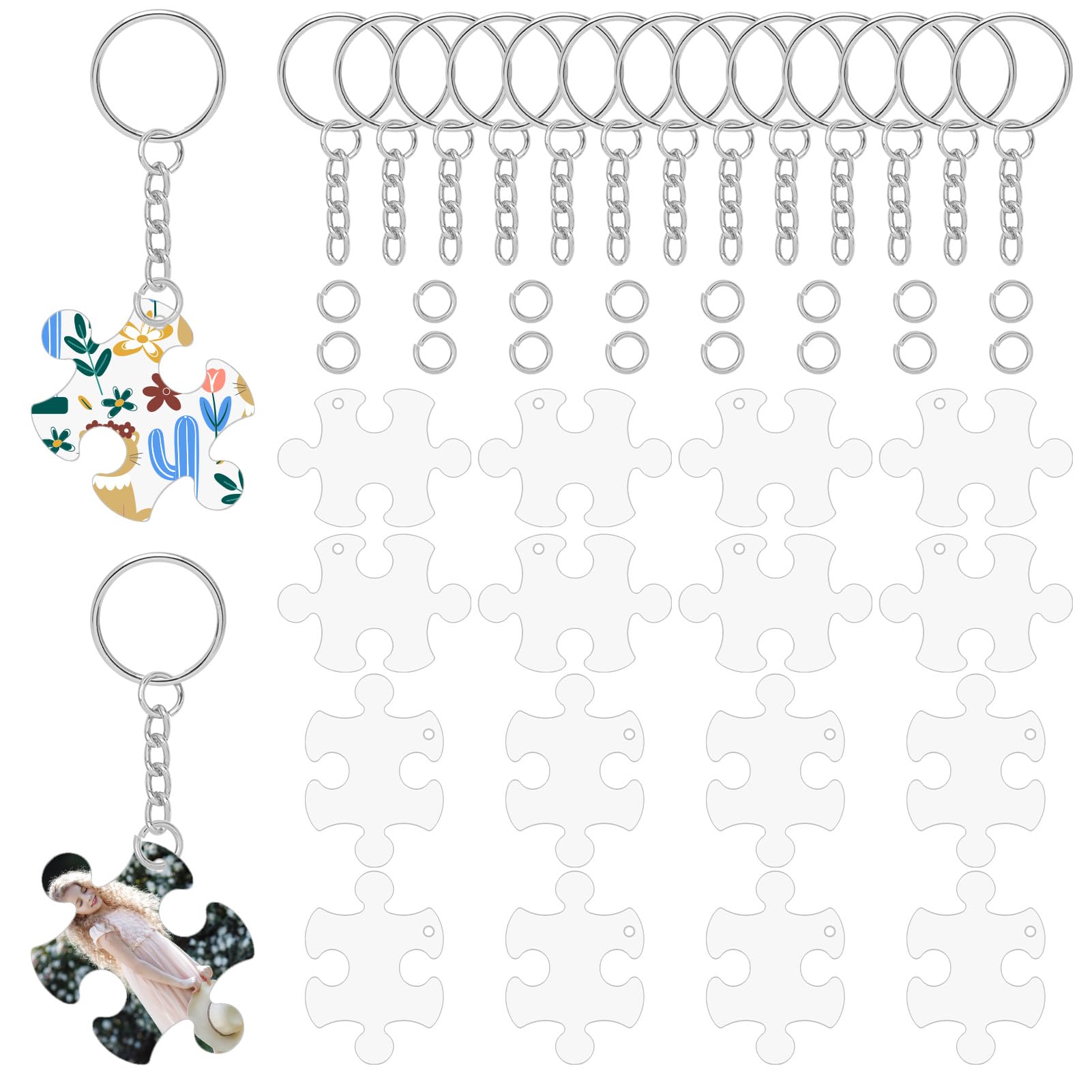 Acrylic Keychain Blanks Set with 16 Clear Puzzle Key Chain Blanks 16 Key Rings with Chains and 16 Open Jump Rings Matching Acrylic Ornaments Blanks