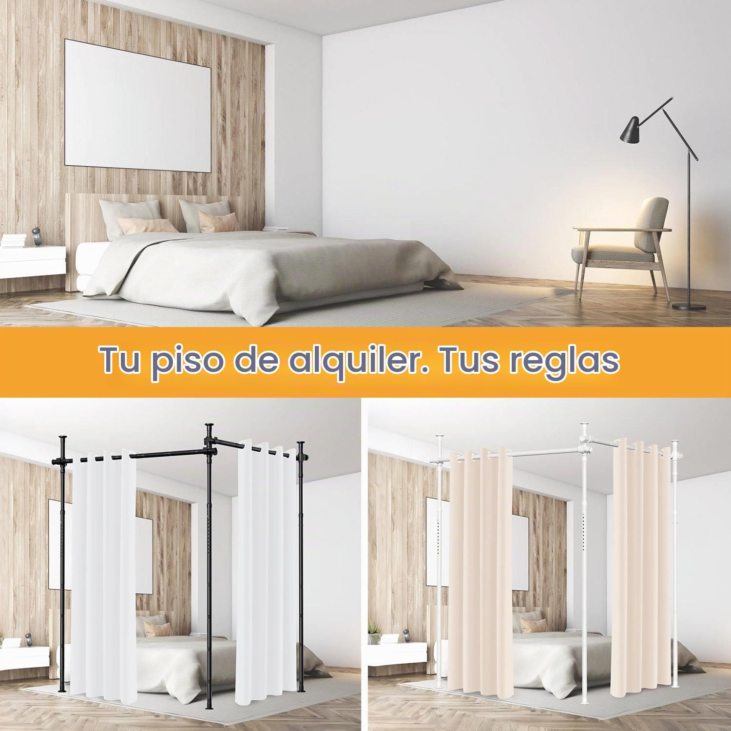Separador de espacios sin necesidad de taladrar, barra para cortinas extra ancha como estructura para paravientos, separador de espacios independiente sin cortina, ancho 70-355 cm x alto 122-305 cm