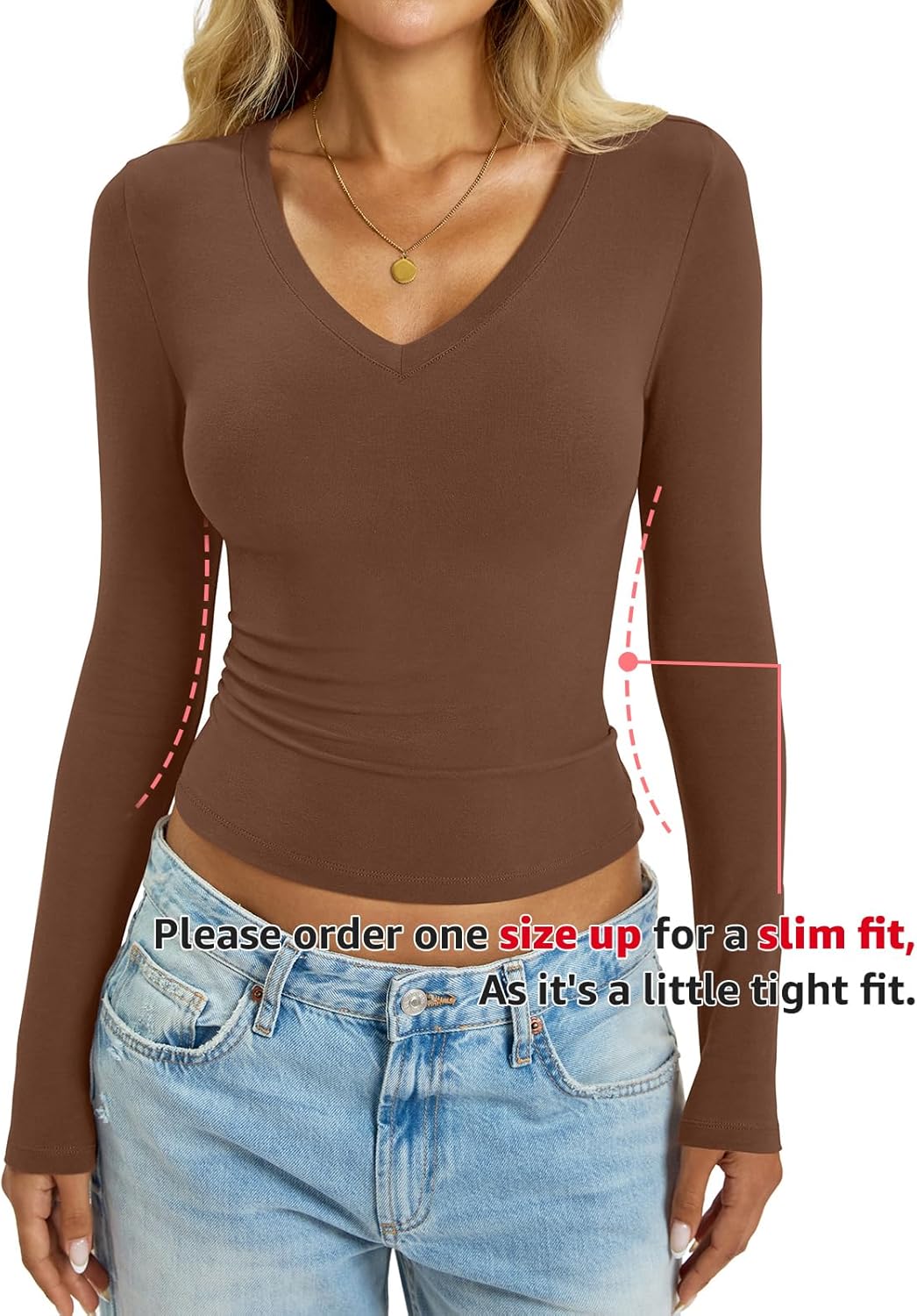 Womens Cotton Long Sleeve Shirts V Neck Slim Fit Tops Basic Tees Going Out Outfits 2025 Fall Spring - Image 3