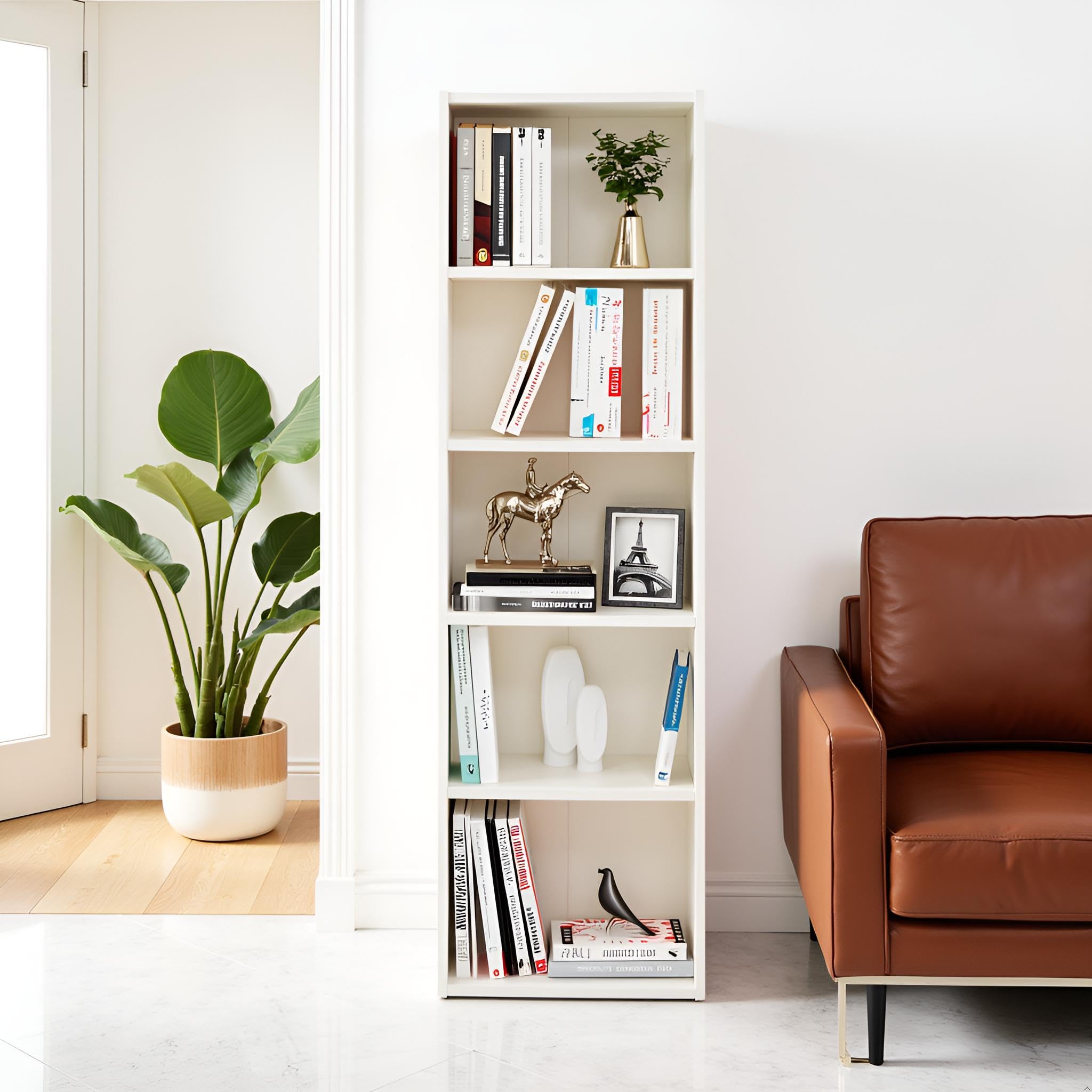 FURNEASER Tall Bookshelf Bookcase for Living Room | Engineered Wood Open Storage Rack | Display Shelf Organizer for Bedroom, Office & Home (White)