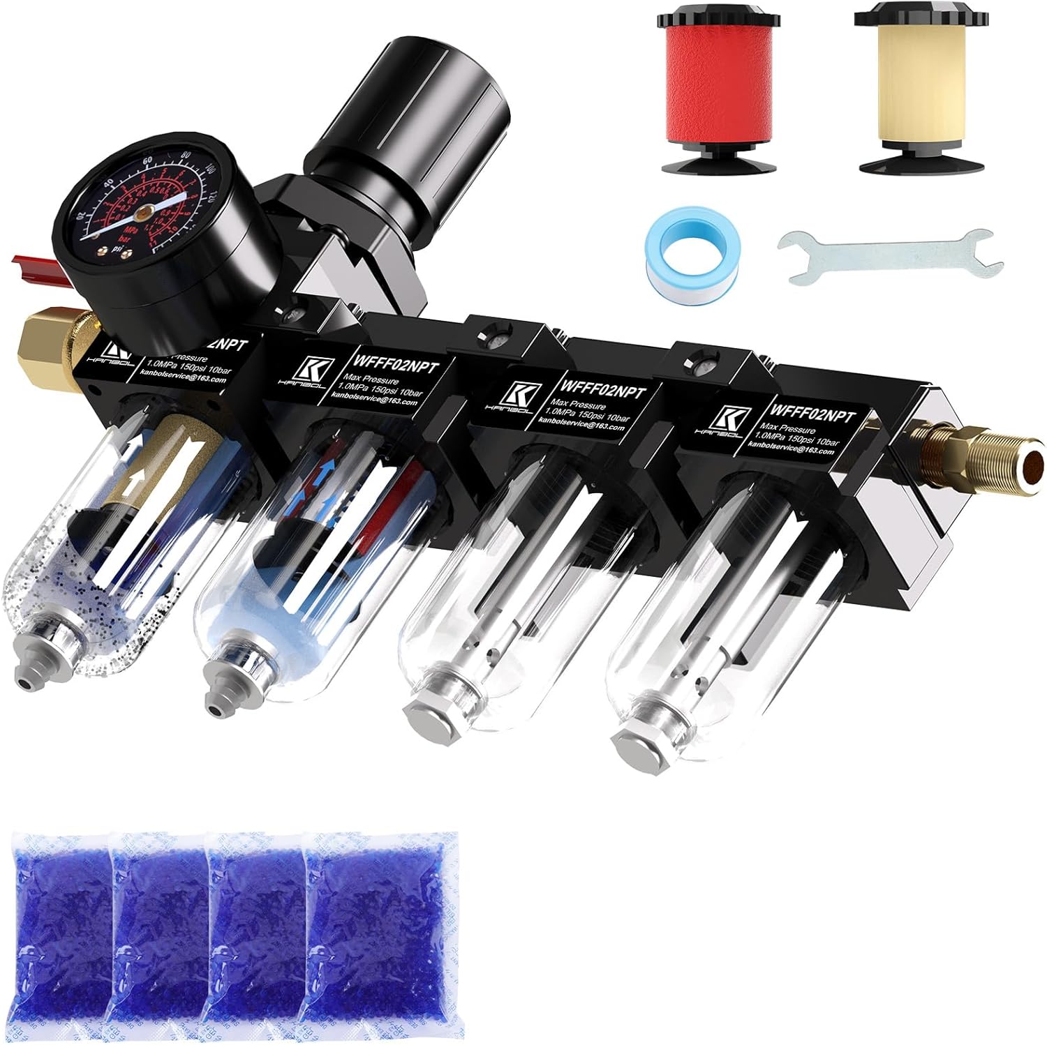 1/4" NPT 4 Stage Filter and Regulator with Pressure Gauge, Air Drying System, 5, 0.01 Micron Brass Filter Cartridge, Air Compressor,Semi-Auto Drain