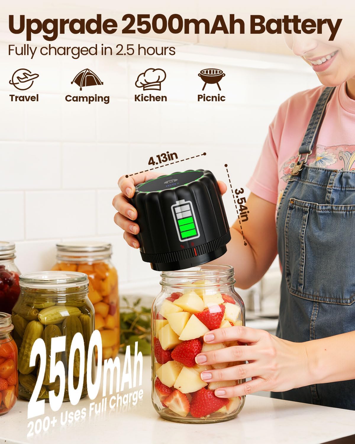 2026 Upgraded Electric Mason Jar Vacuum Sealer Kit with Wide and Regular Mouth Mason Lids -80kpa Automatic Vacuum Pump 2500mAh Battery One Touch Canning Sealing Machine for Food Storage Black